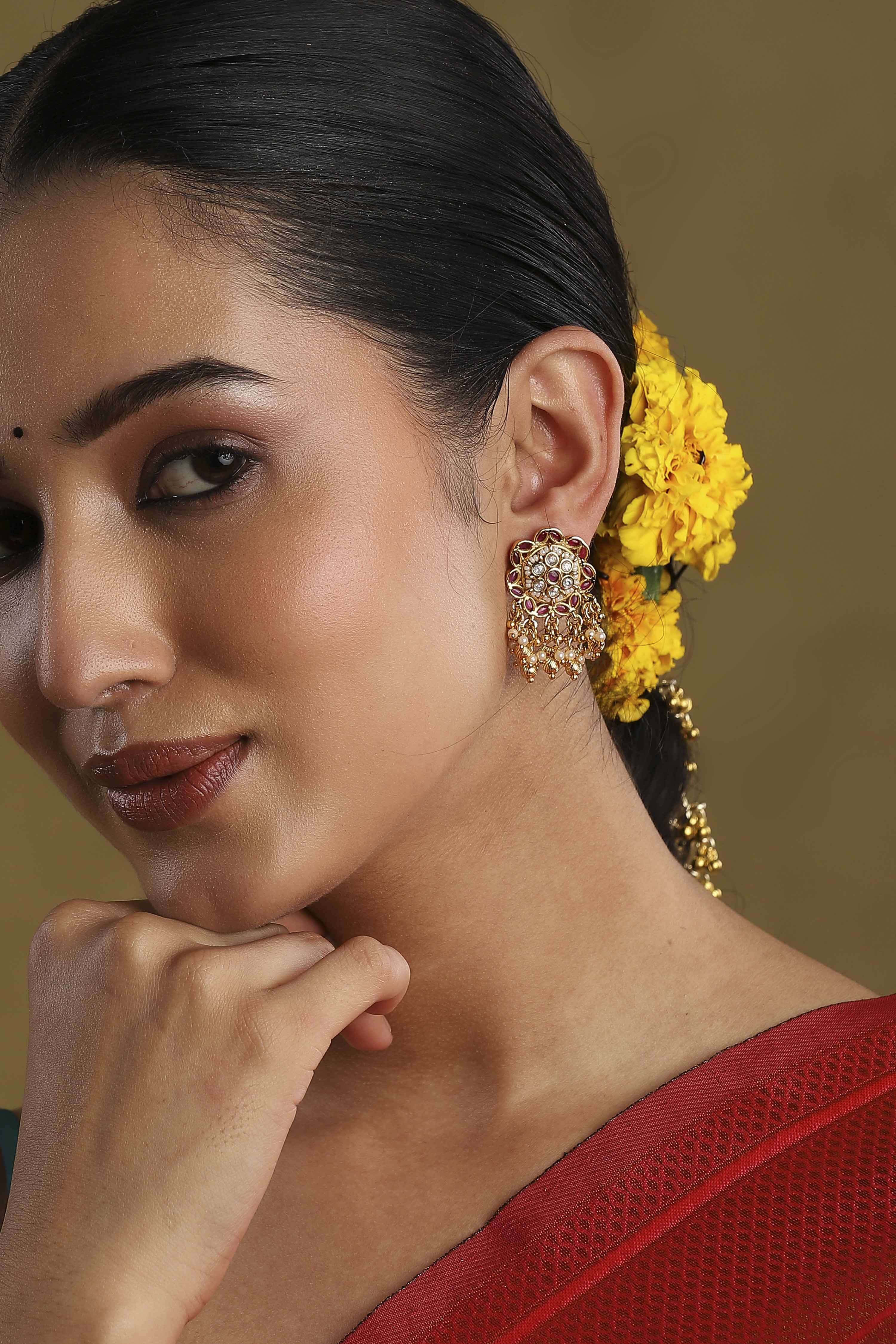 Pink Gold Plated Brass Studded Drop Earrings image number 3