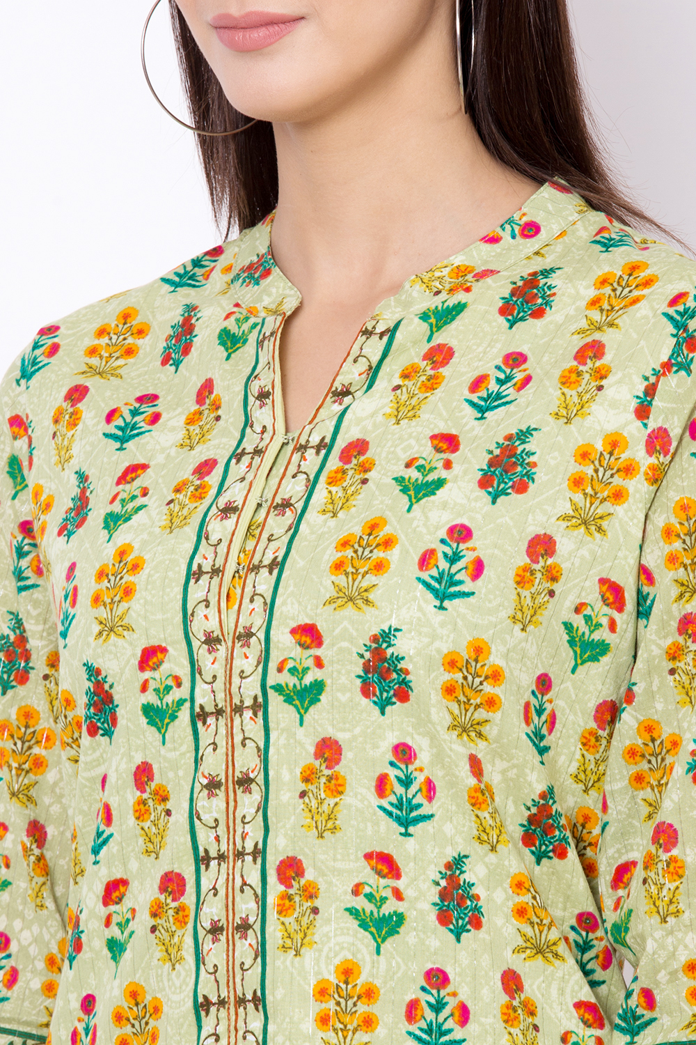 Green Cotton Front Slit Printed Kurta image number 1