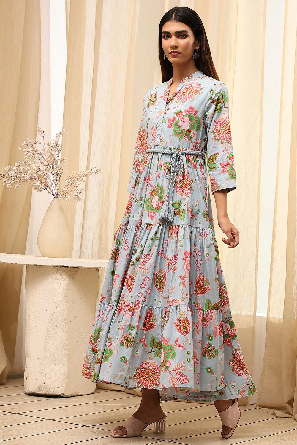 Earthy Blue Cotton Floral Tiered Dress image number 2