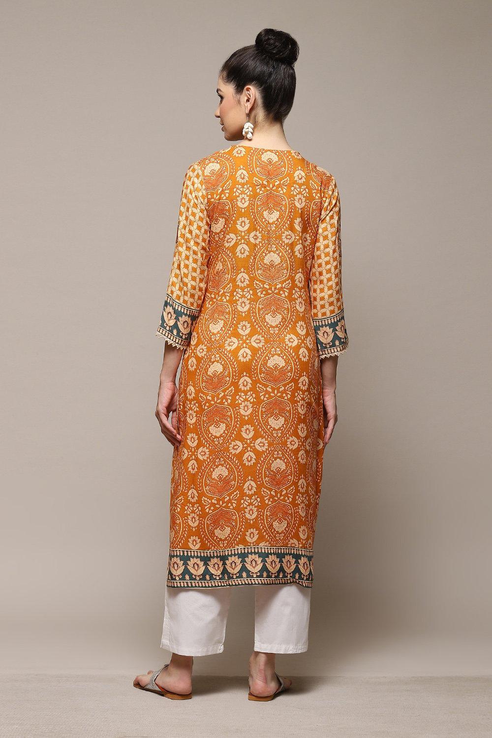 Ochre LIVA Straight Printed Kurta image number 4