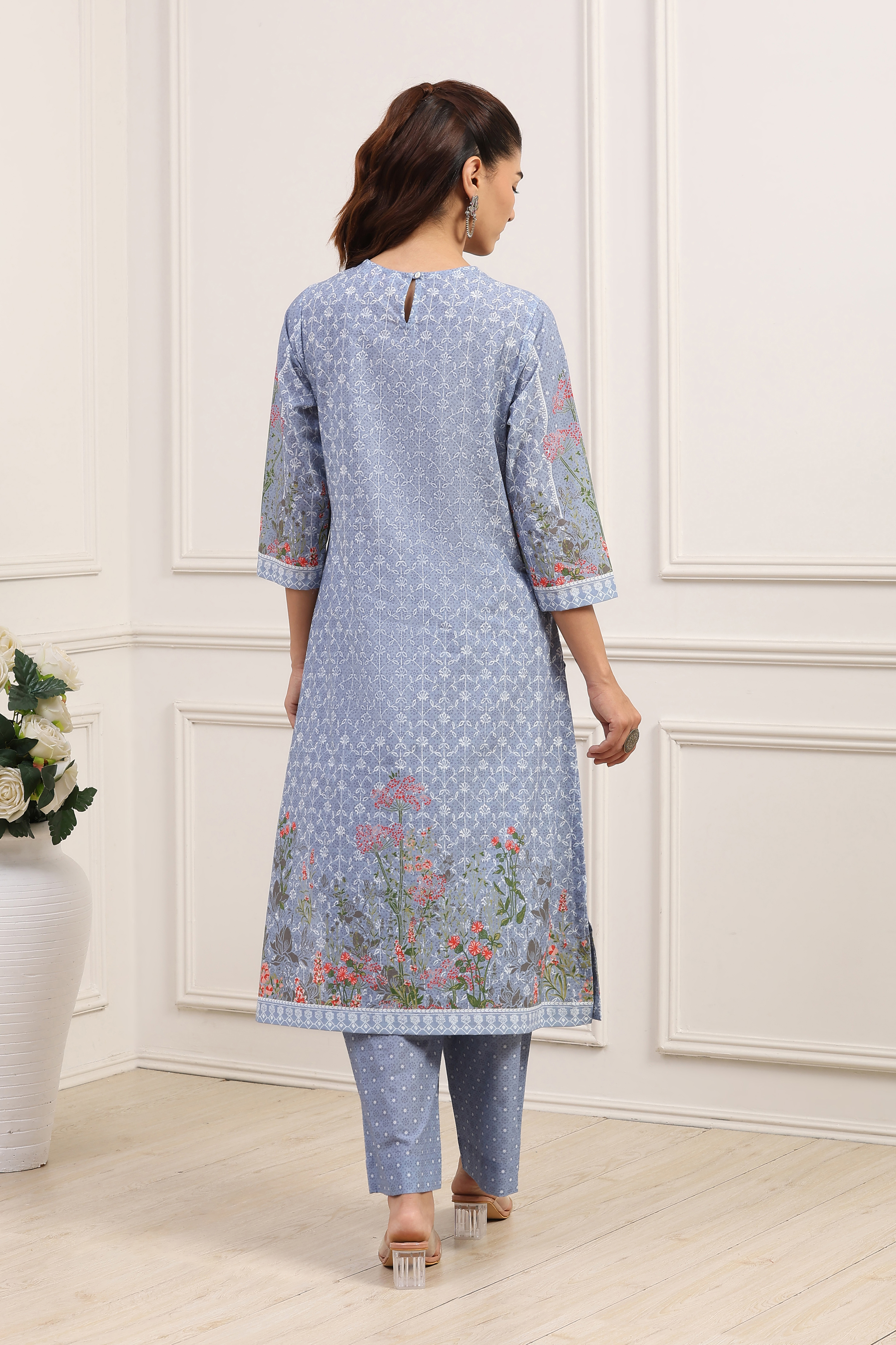 Powder Blue Cotton Straight Kurta Palazzo Suit Set image number 4