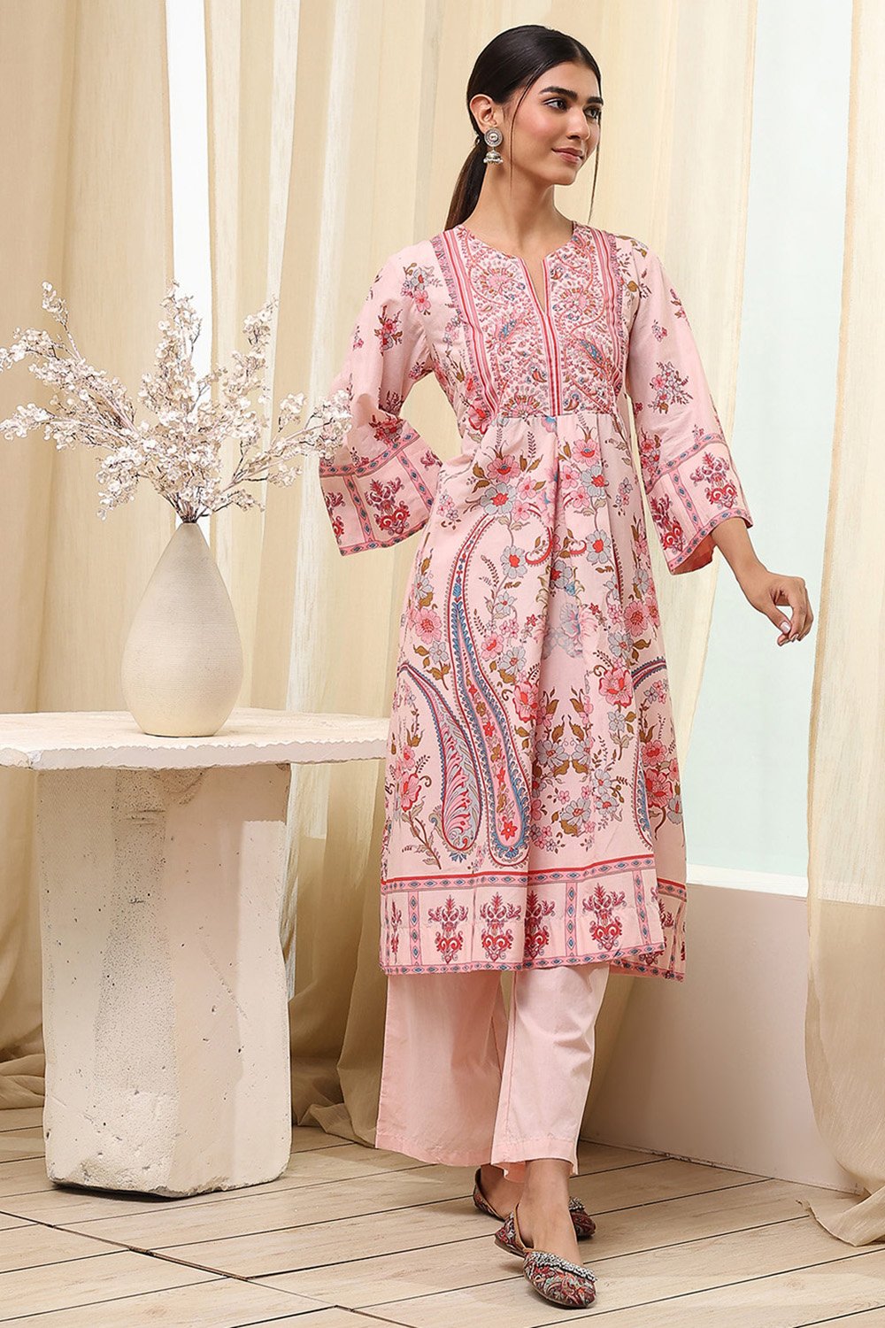 Peach-Colored Cotton Floral A-Line Kurta Set image number 6