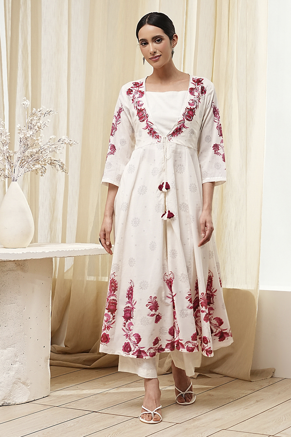 Off-White and Red Anarkali Fusion Set image number 6