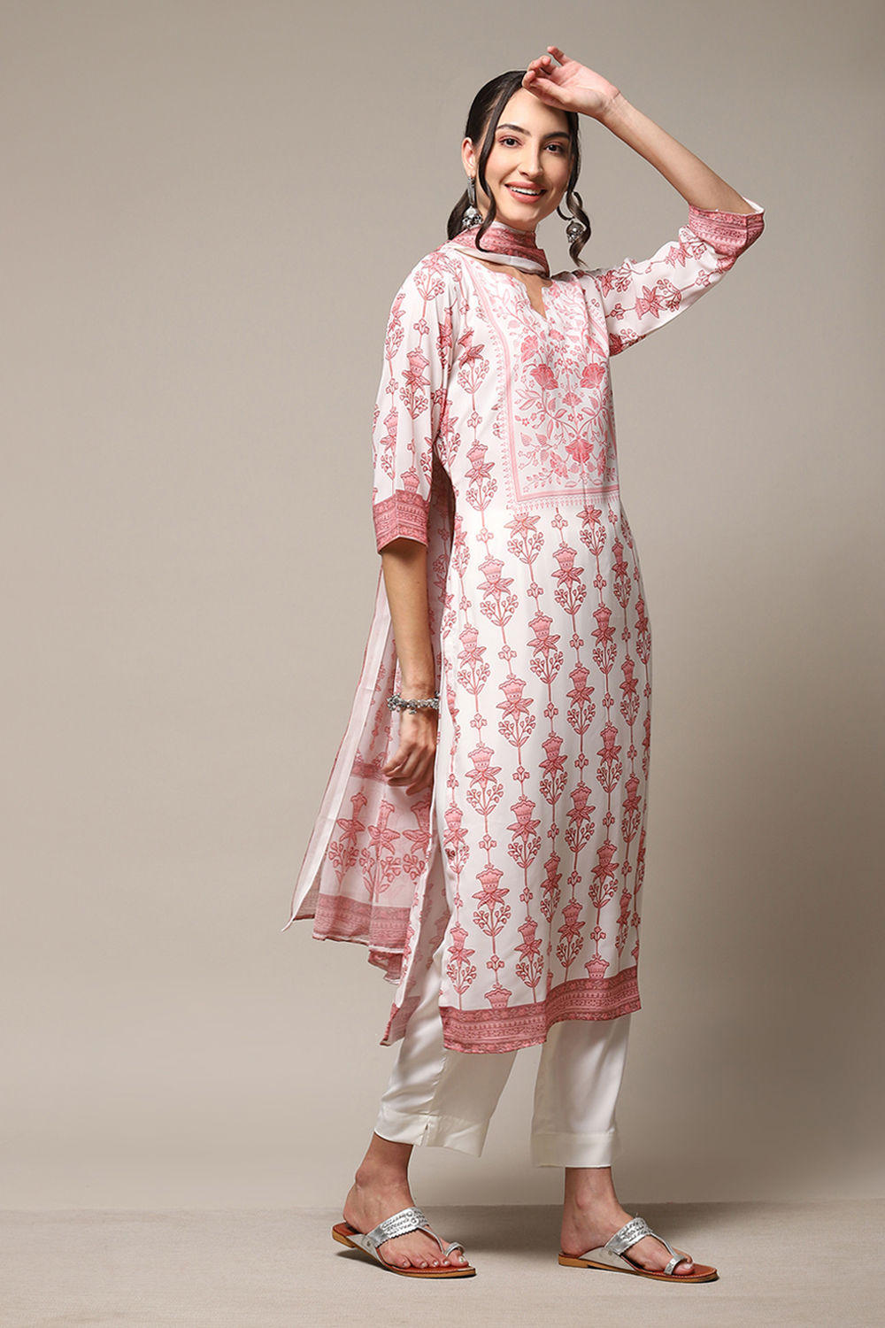 Peach Silk Blend Digital Print Unstitched Suit Set image number 7