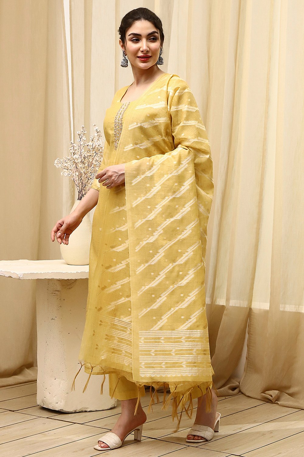 Mustard Chanderi Jamdani Unstitched Suit Set image number 4