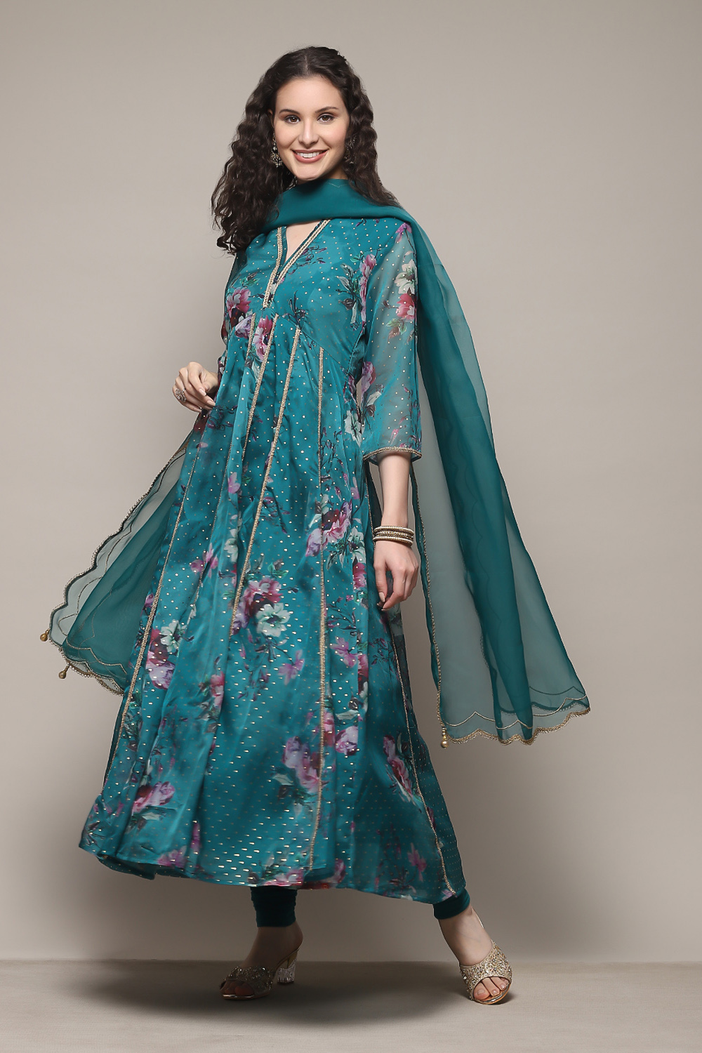 Peacock Green Polyester Anarkali Kurta Churidar Suit Set image number 7