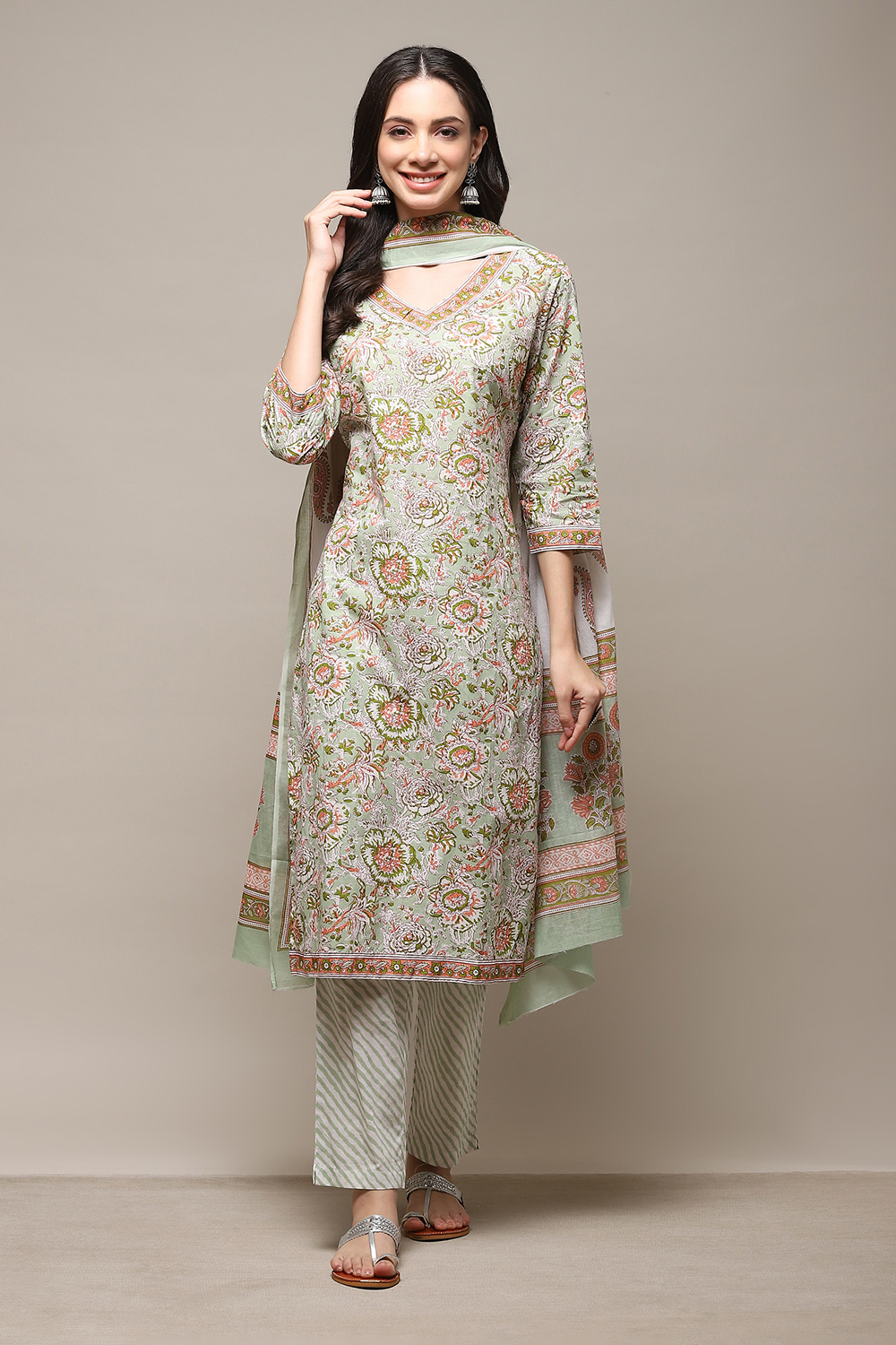 Dull Green Cotton Panelled Unstitched Suit Set image number 8