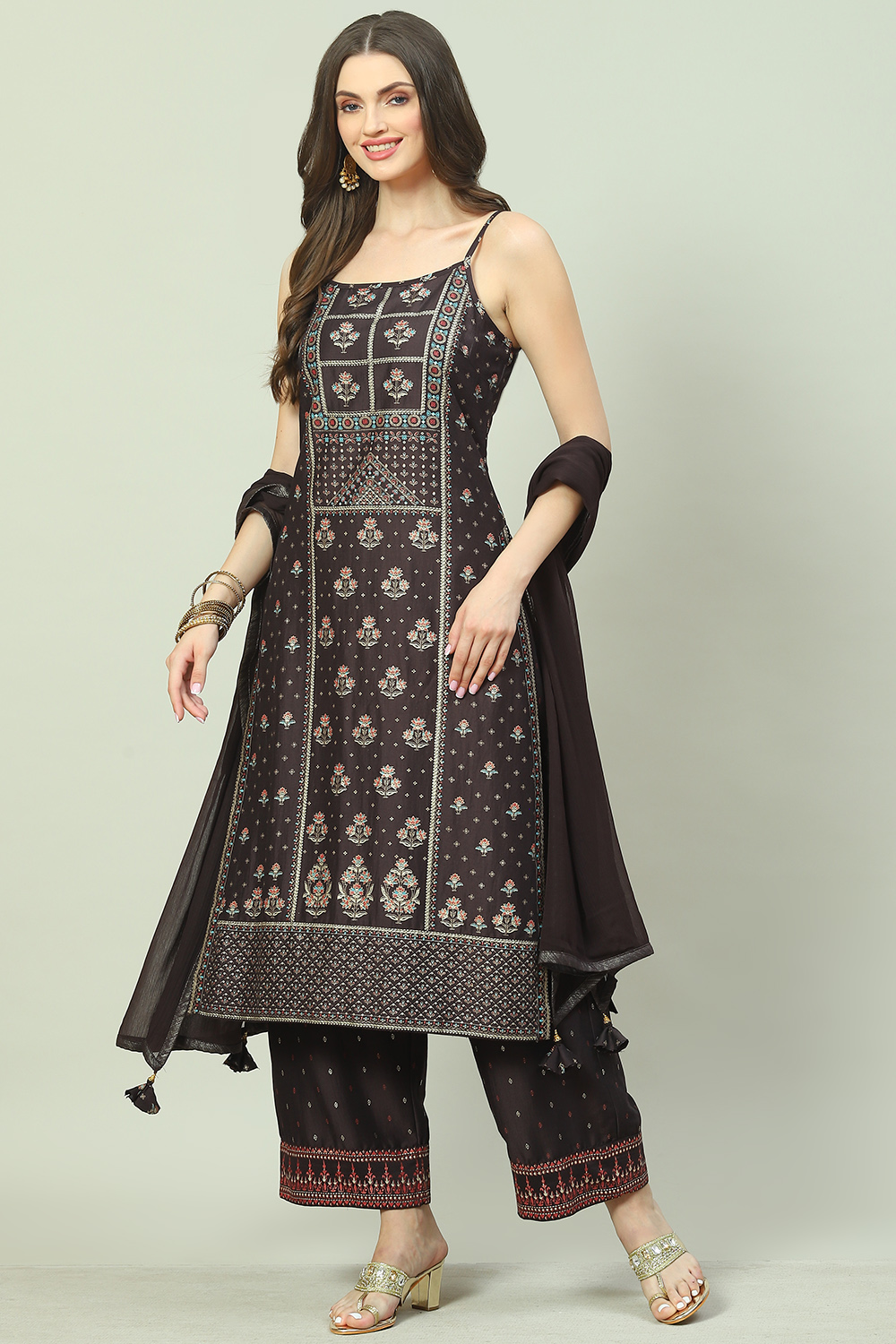 Chocolate Brown Poly Viscose Straight Kurta Sharara Suit Set image number 0