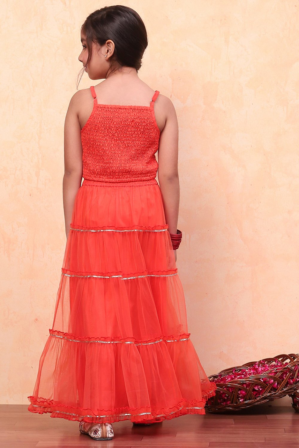 Orange Poly Chanderi Metallic Tiered Flared Lehenga Set image number 4