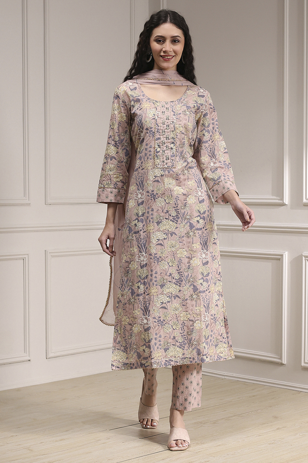 Purple Cotton Printed Embroidered Unstitched Suit Set image number 1