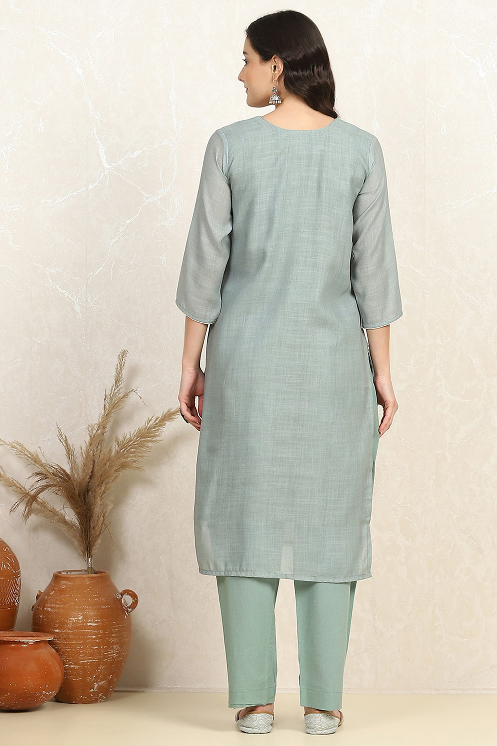 Teal Cotton Unstitched Suit Set image number 5