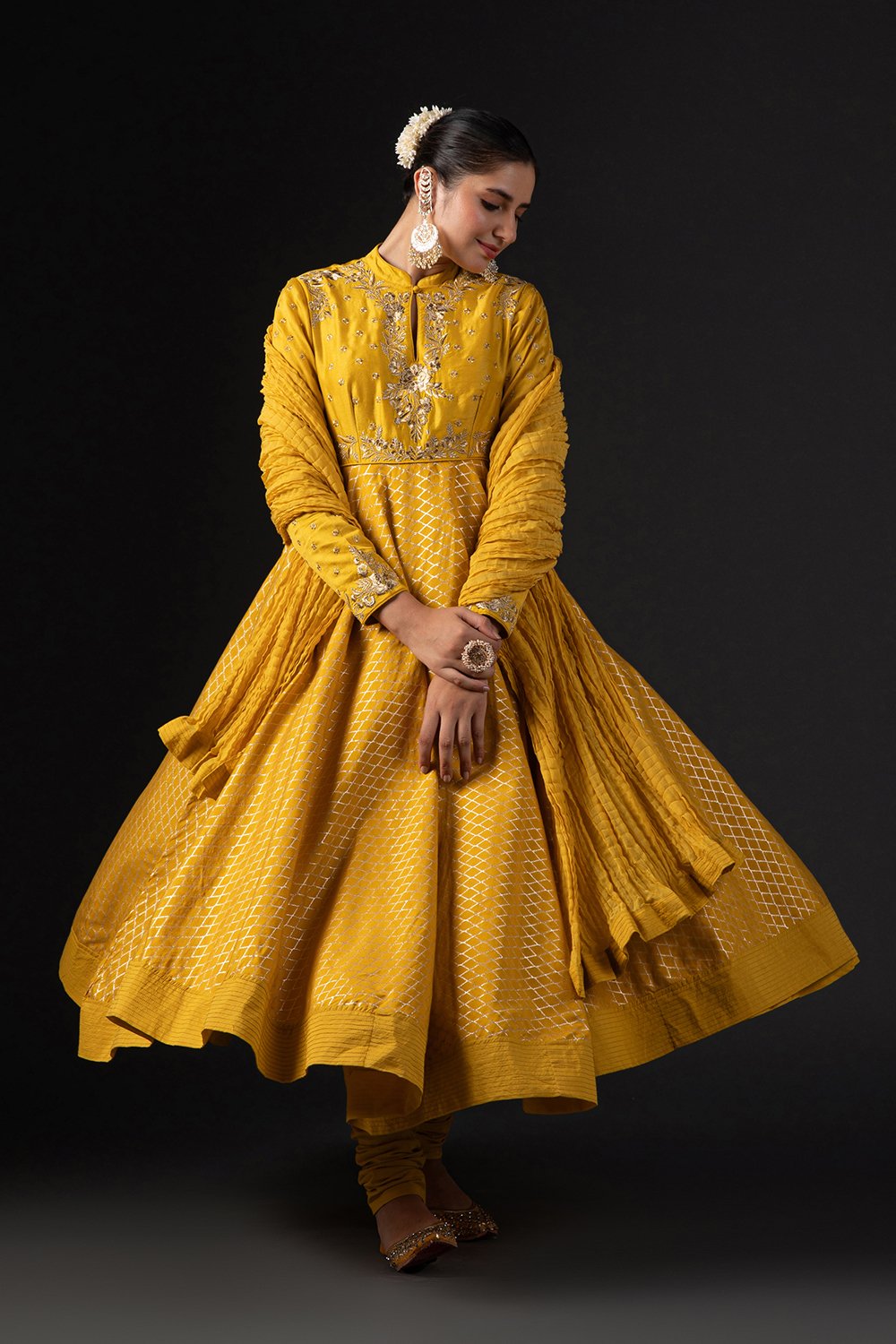 Rohit Bal Mustard Cotton Silk Anarkali Printed Suit Set image number 9