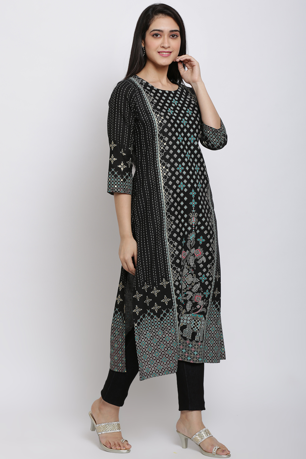 Black Cotton Flax Starlight Printed Kurta image number 3