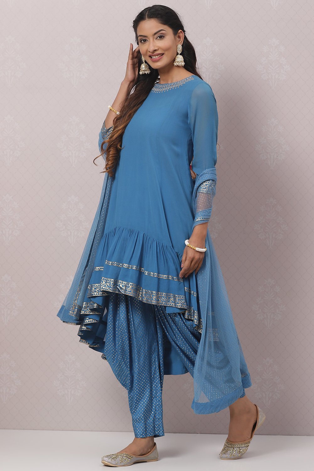 Blue Art Silk Asymmetric Kurta Salwar Suit Set at Biba India