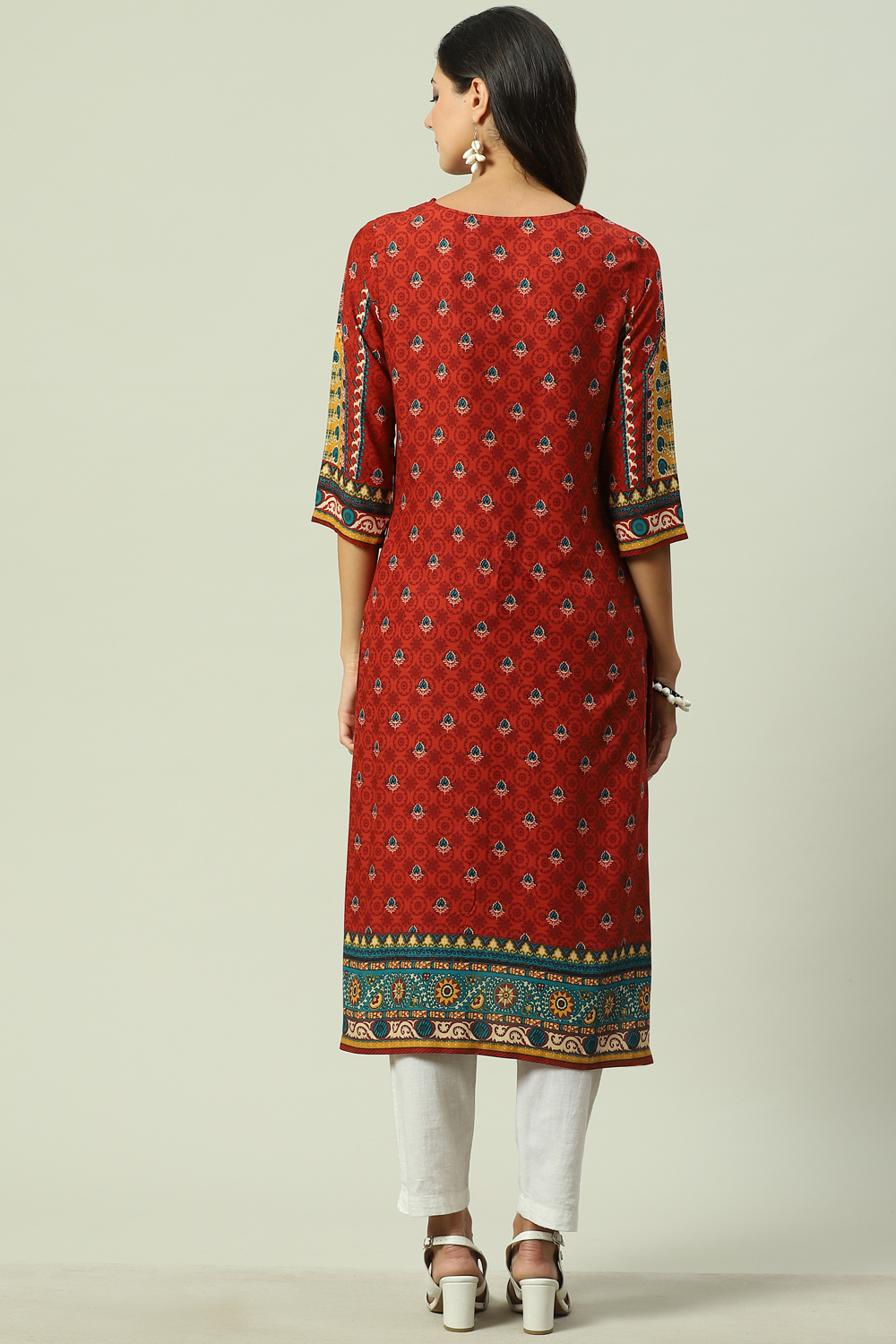 Rust LIVA Straight Printed Kurta image number 3