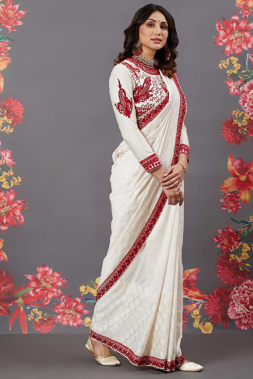 Buy Rohit Bal Off White Chanderi Silk Solid Saree With Blouse