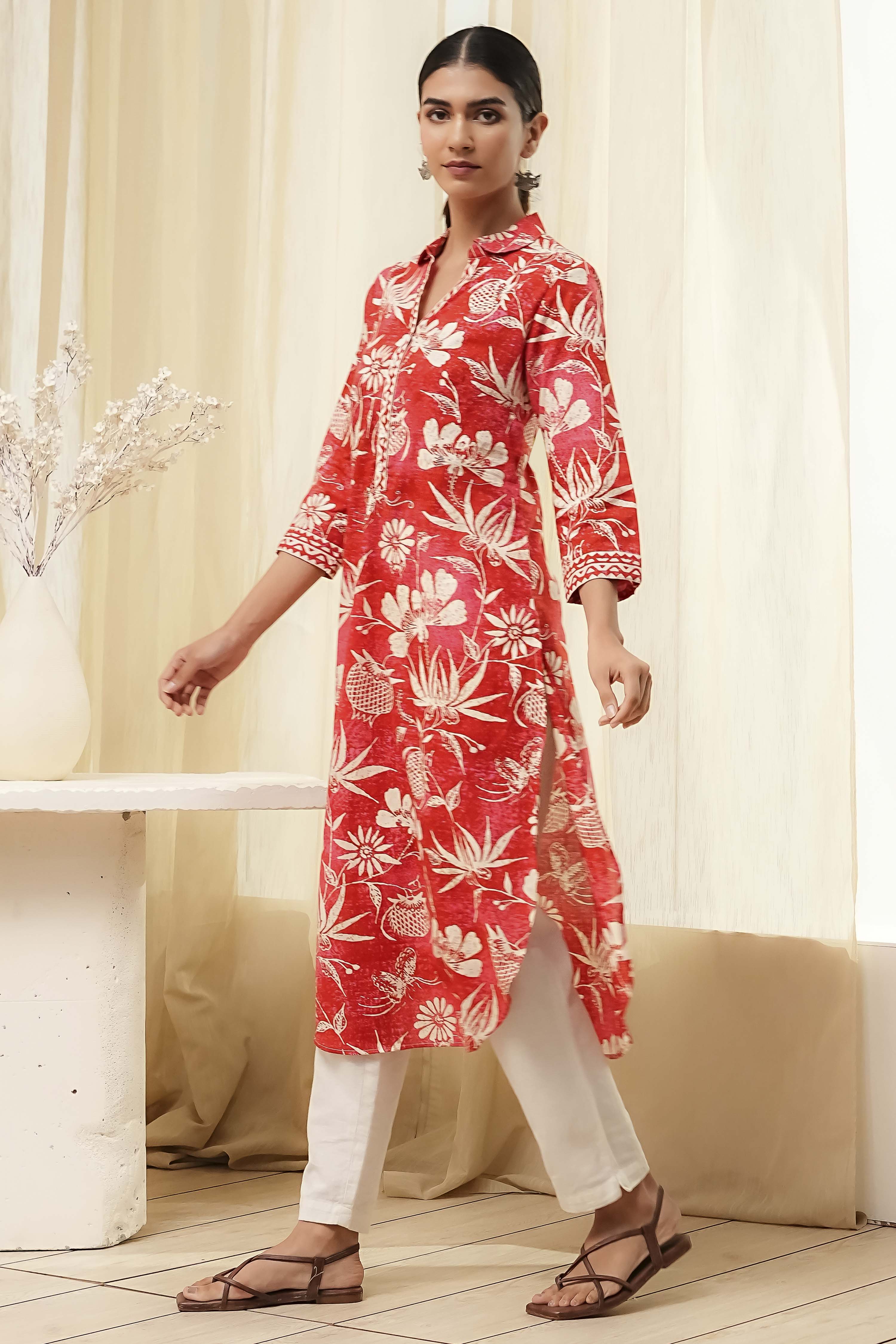 Red Pure Cotton Floral Straight Kurta image number 2