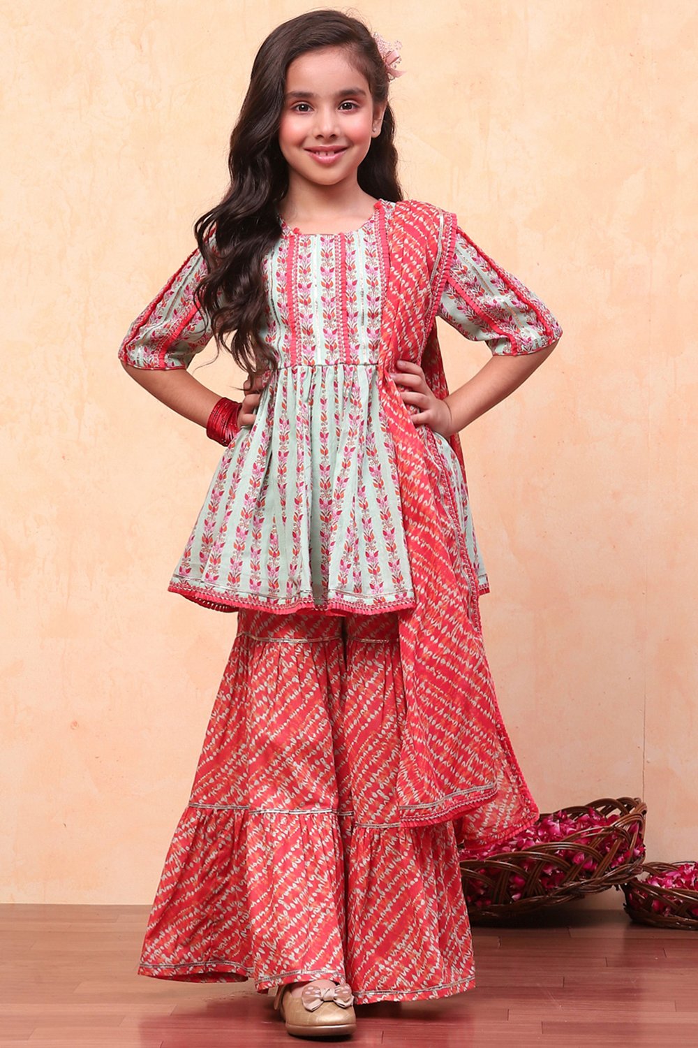Aqua-Coral Cotton Sharara Suit Set image number 6