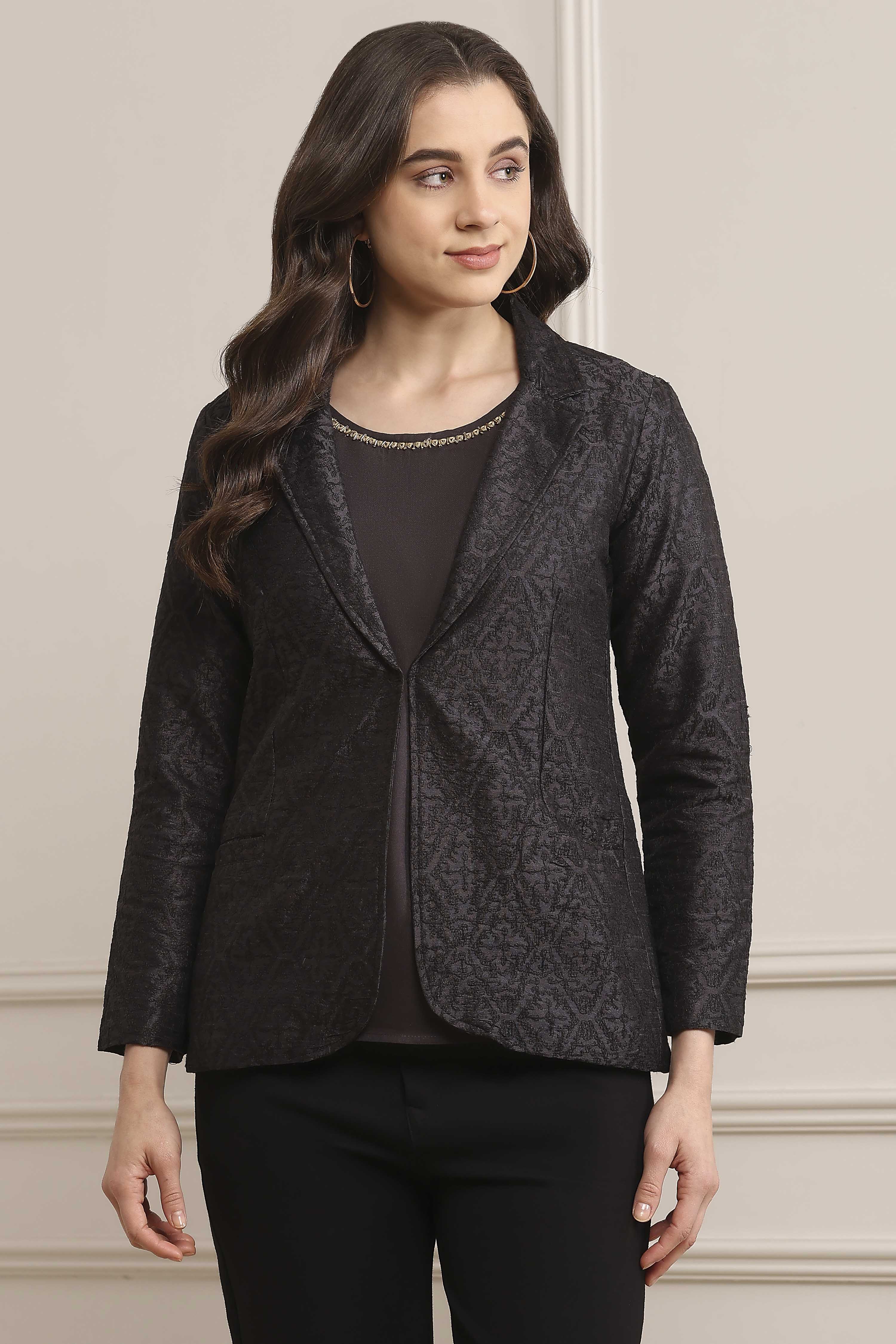 Coral & Black Polyester Embroidered Jacket image number 5