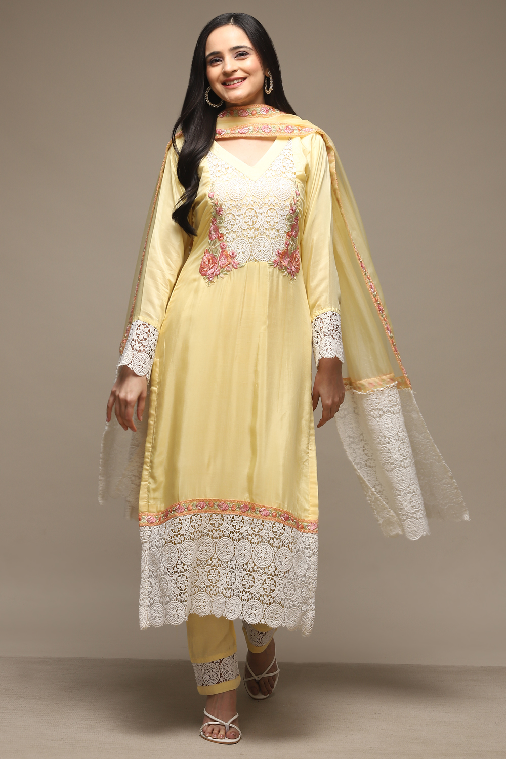 Pastel Yellow Muslin Lace Unstitched Suit Set image number 8