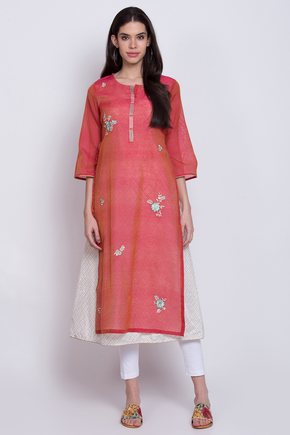 Pink Poly Cotton Flared Yarndyed Kurta image number 0