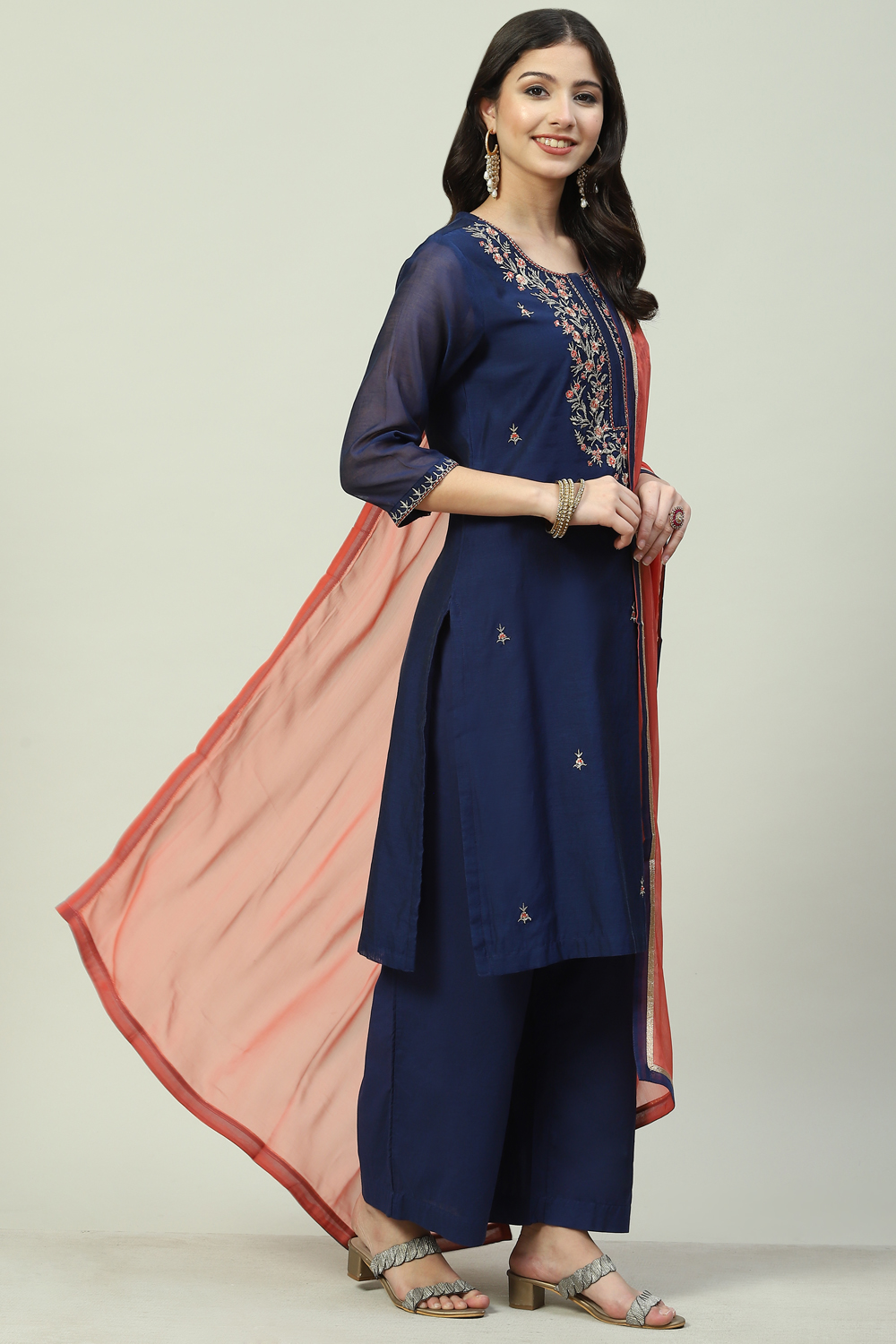 Navy Blue Art Silk Straight Kurta Palazzo Suit Set image number 6