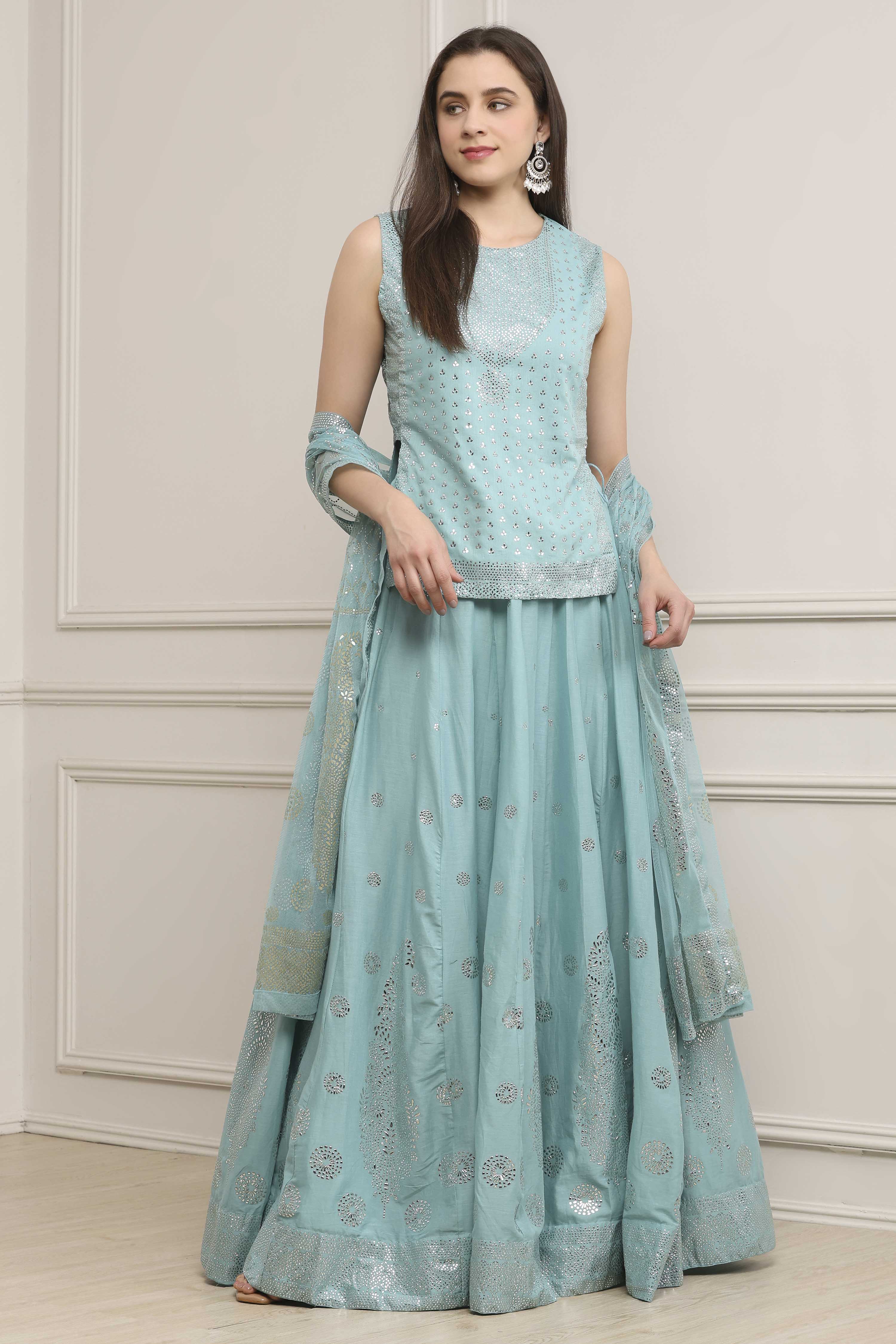 Powder Blue Cotton Printed Lehenga Set image number 6