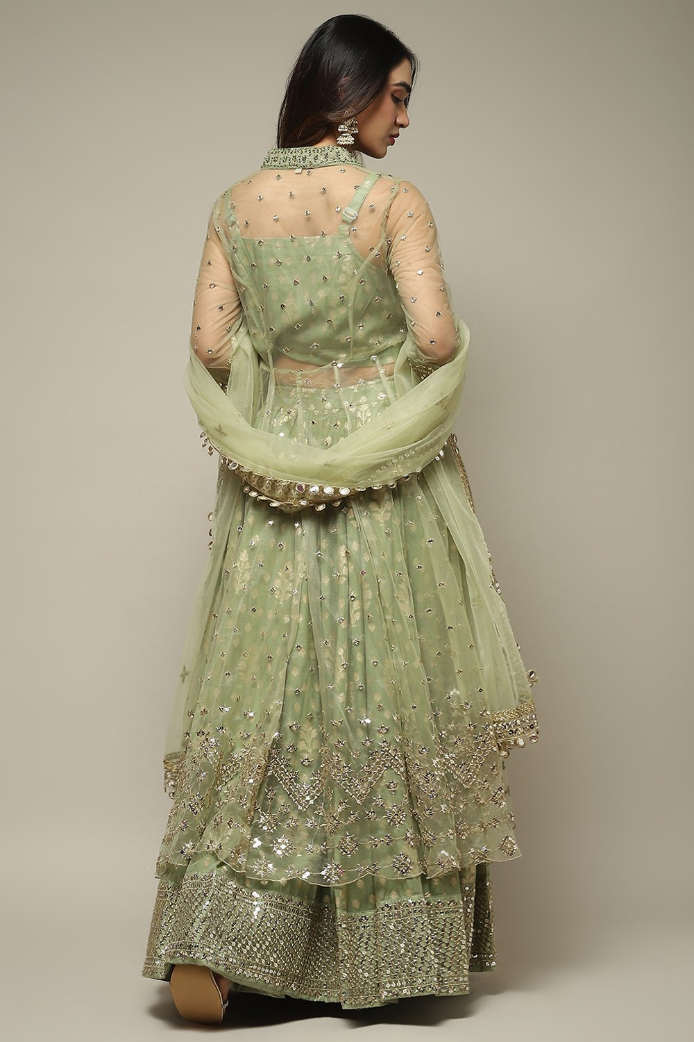 Mint Green Nylon Embroidered Lehenga Set image number 5