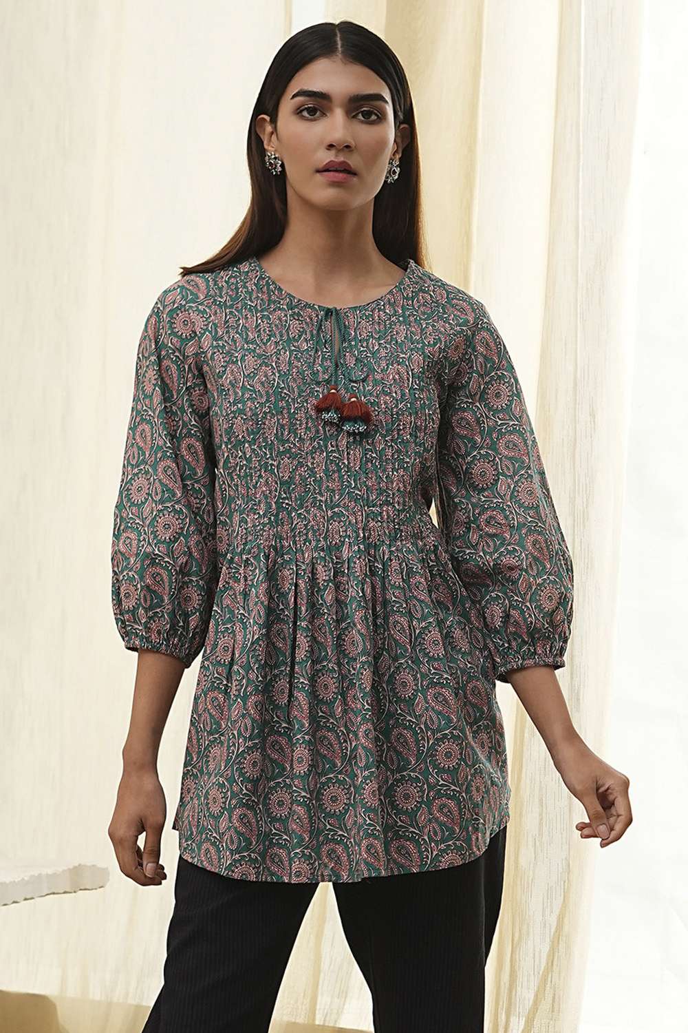 Teal Green Cotton Pleated A-Line Short Kurta image number 5