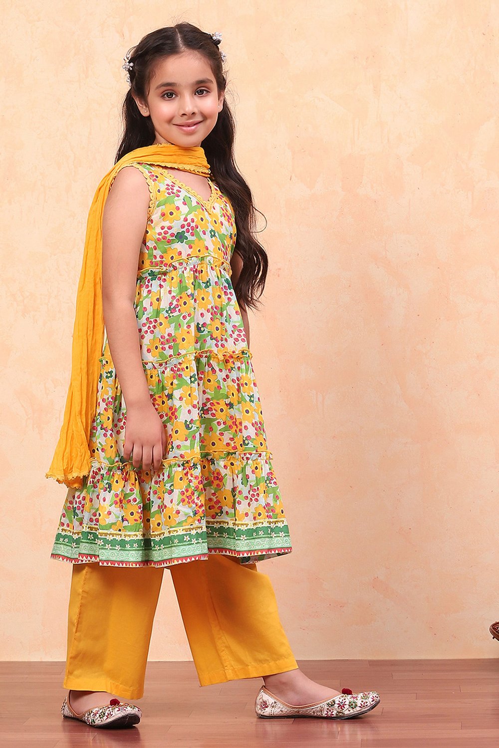 Coral Pure Cotton Floral Printed Tiered Suit Set image number 5