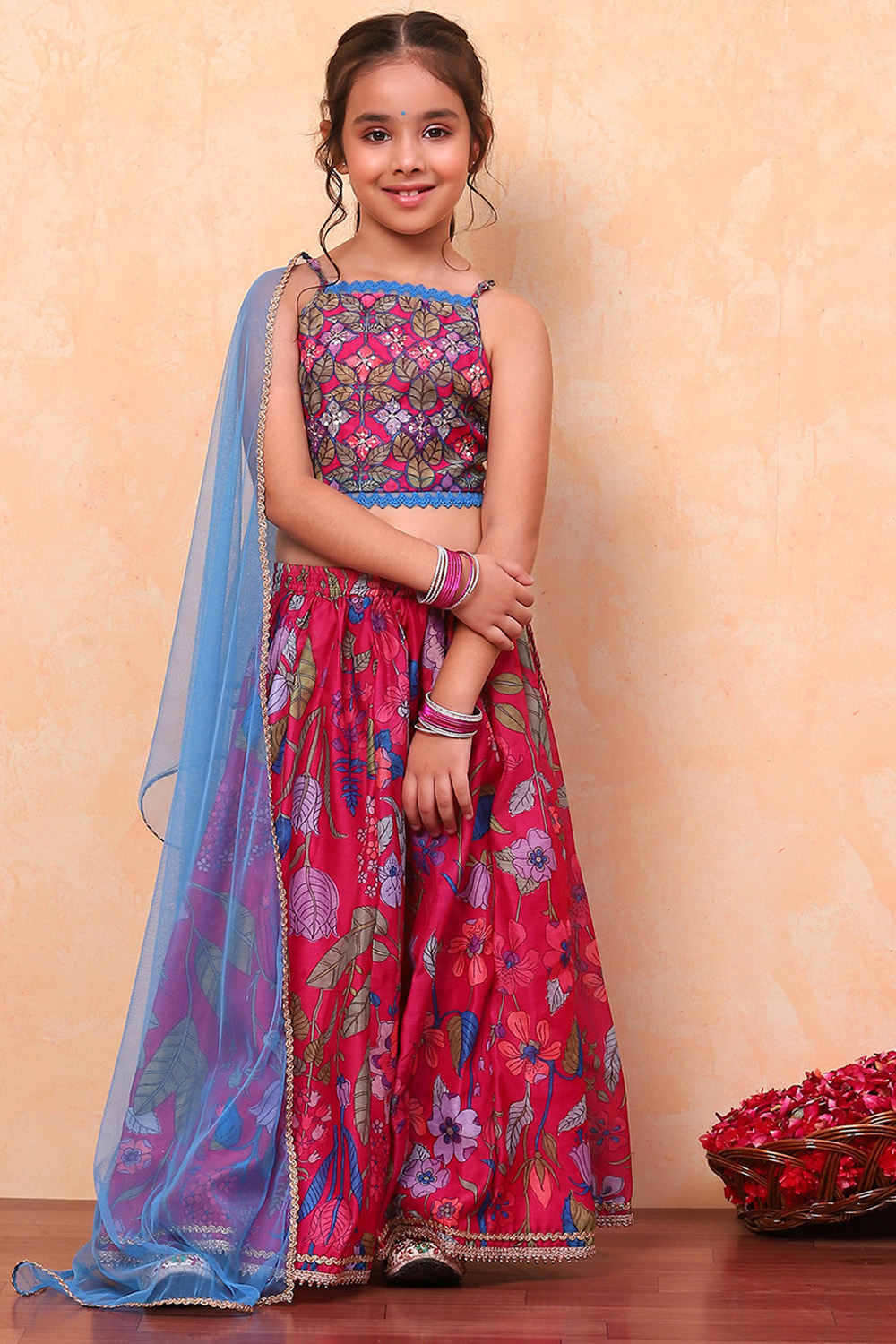 Pink Poly Chanderi Floral Printed Lehenga Set image number 6
