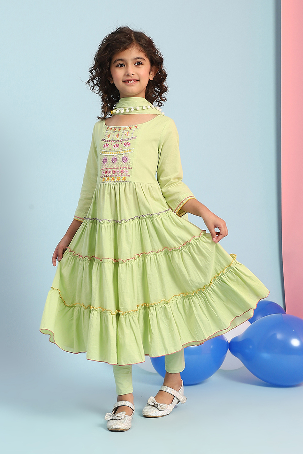 Pastel Pink Cotton Tiered Suit Set image number 0