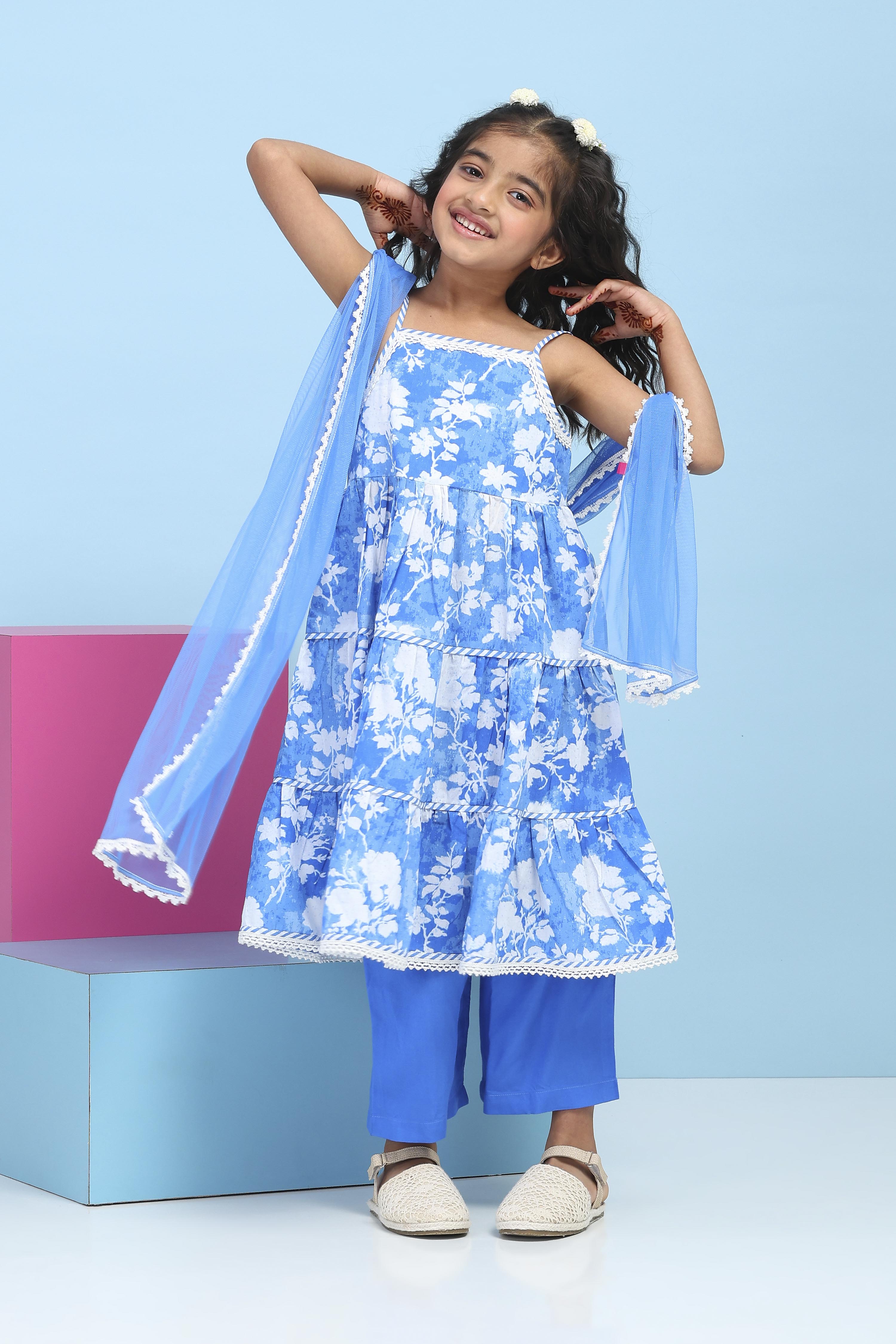 Blue Cotton Printed Tiered Suit Set image number 6