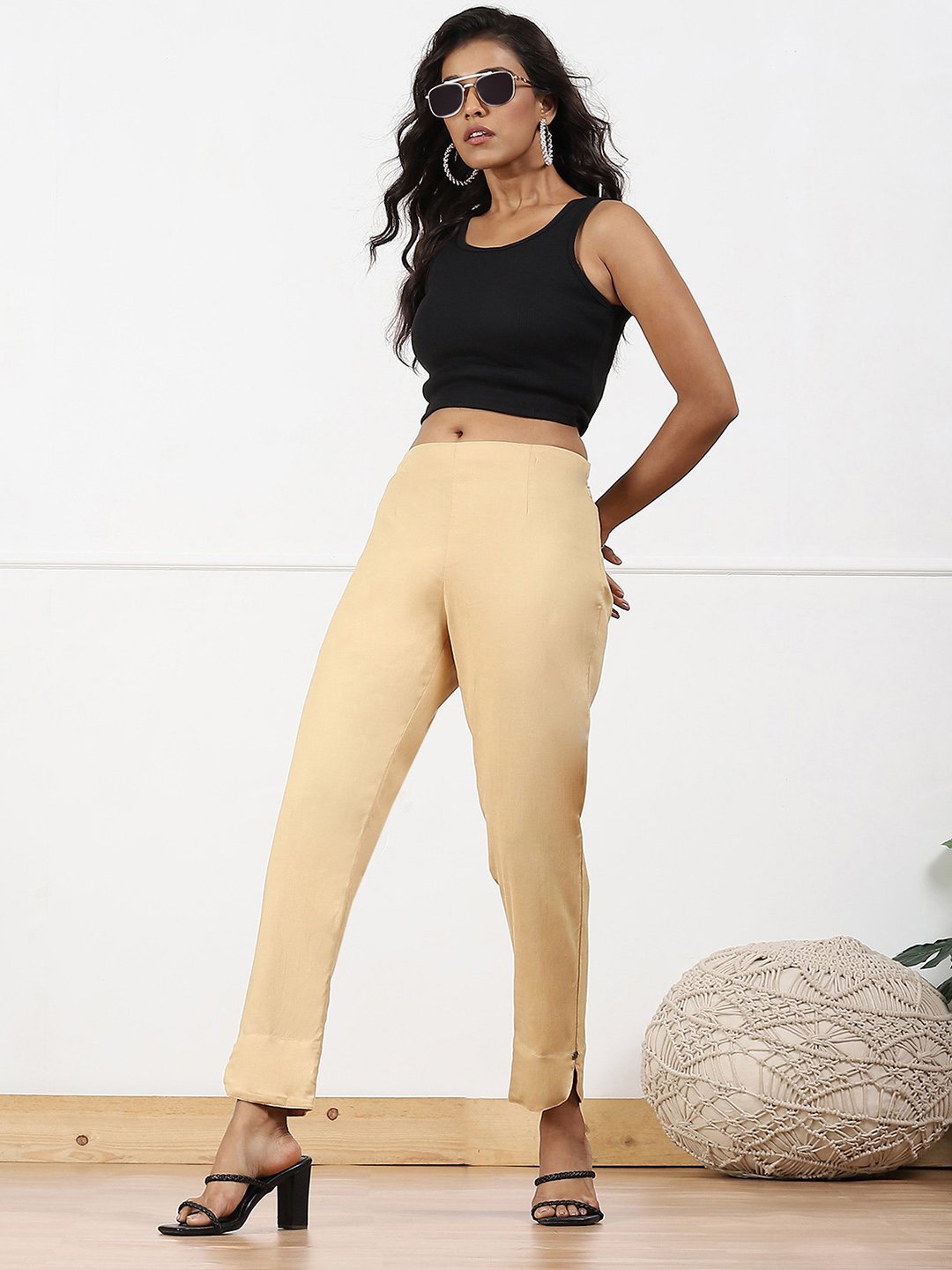 Beige Viscose Lycra Solid Pant image number 0