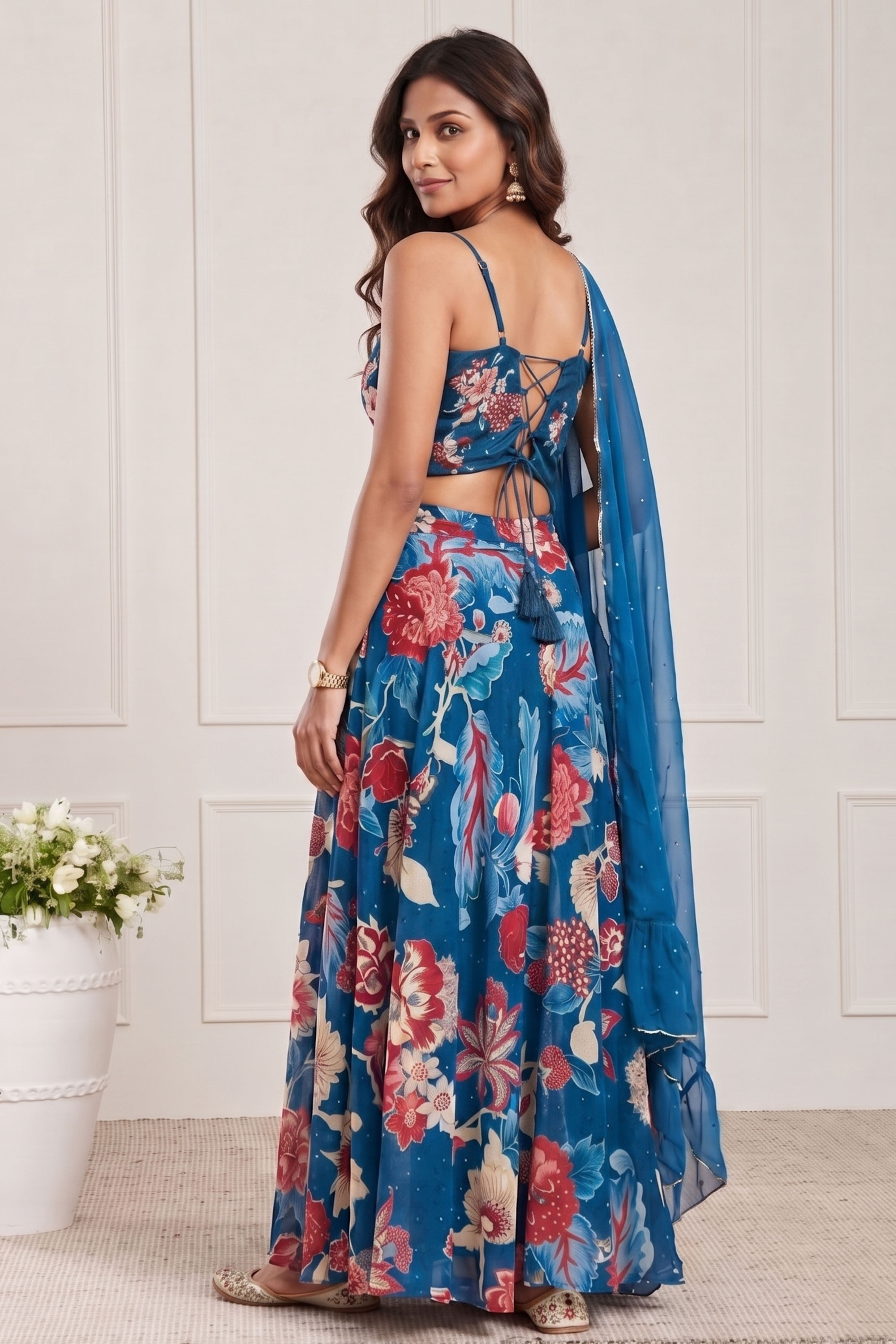 Blue Viscose Rayon Printed Lehenga Set image number 5
