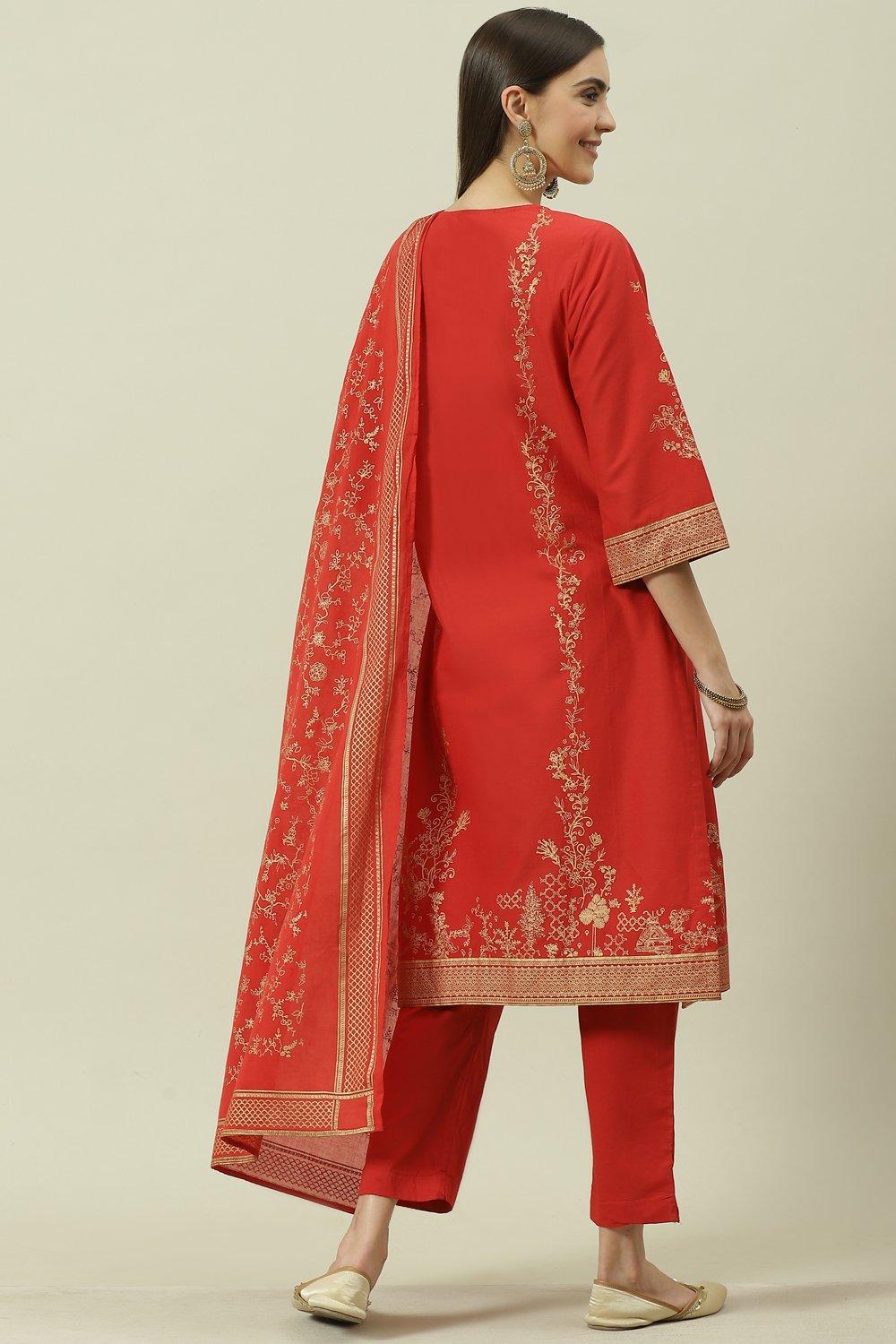 Red Cotton Straight Kurta Pants Suit Set image number 4