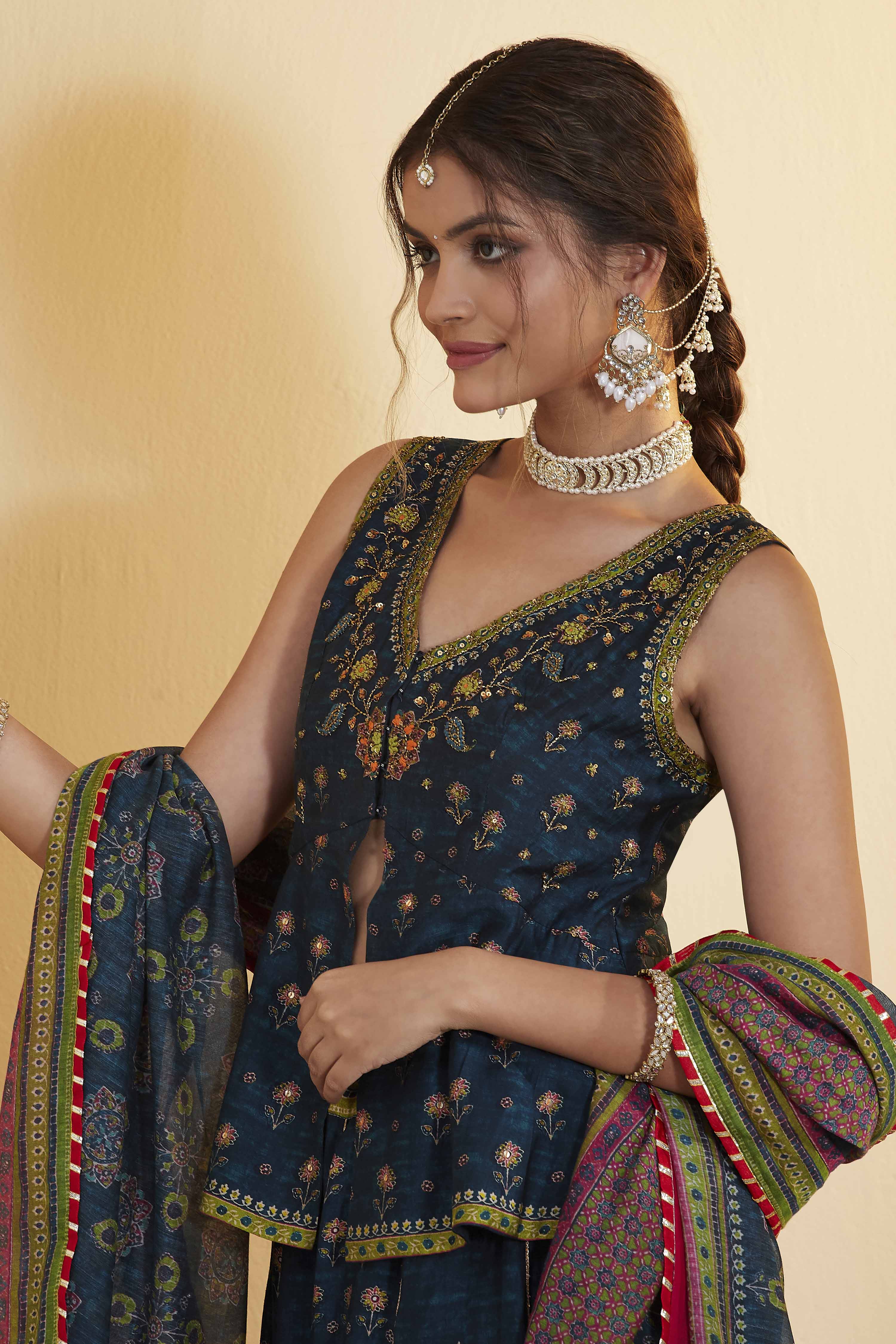 Blue Viscose Silk Floral Printed Peplum Lehenga Set image number 1