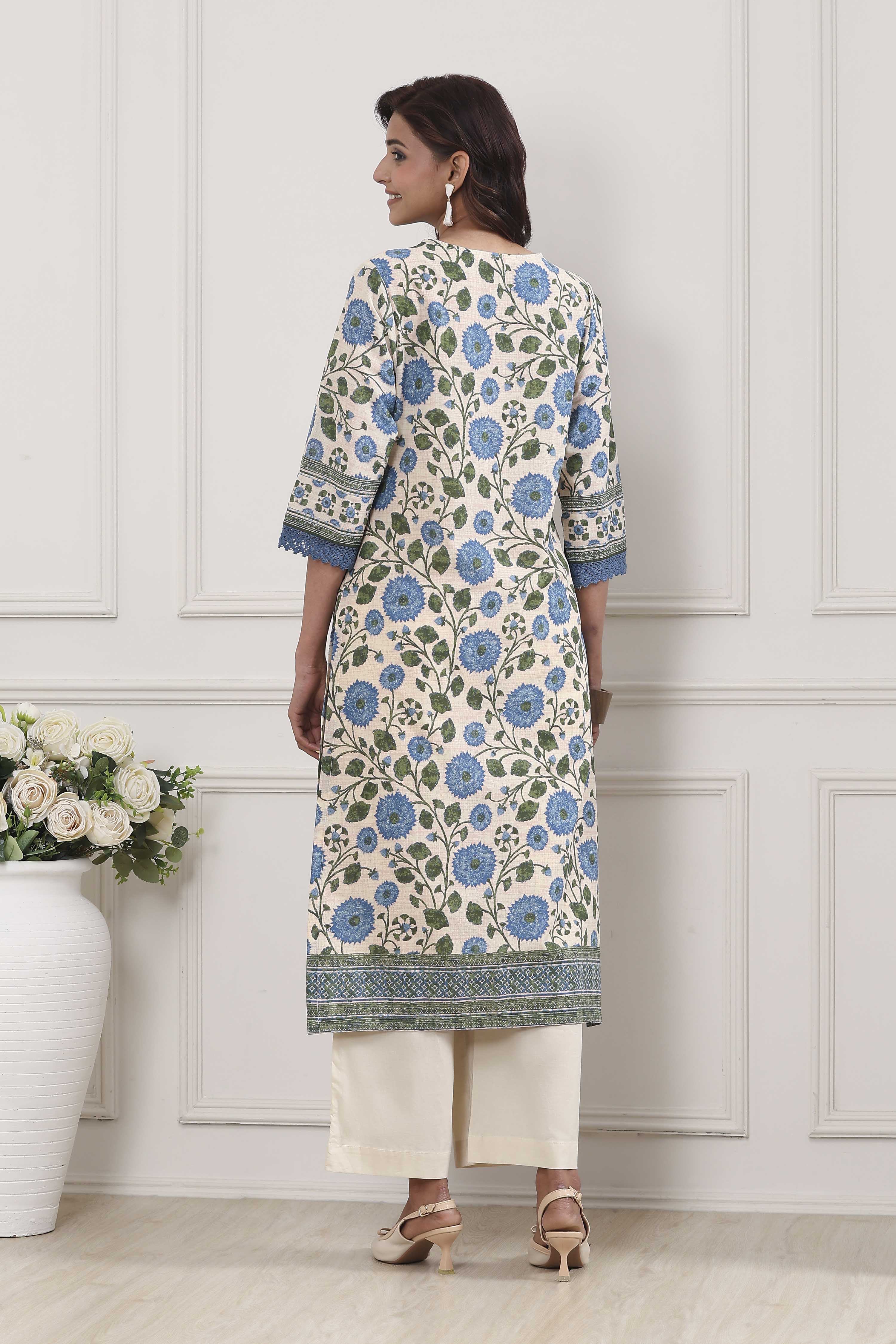 Blue Cotton Straight Kurta image number 3