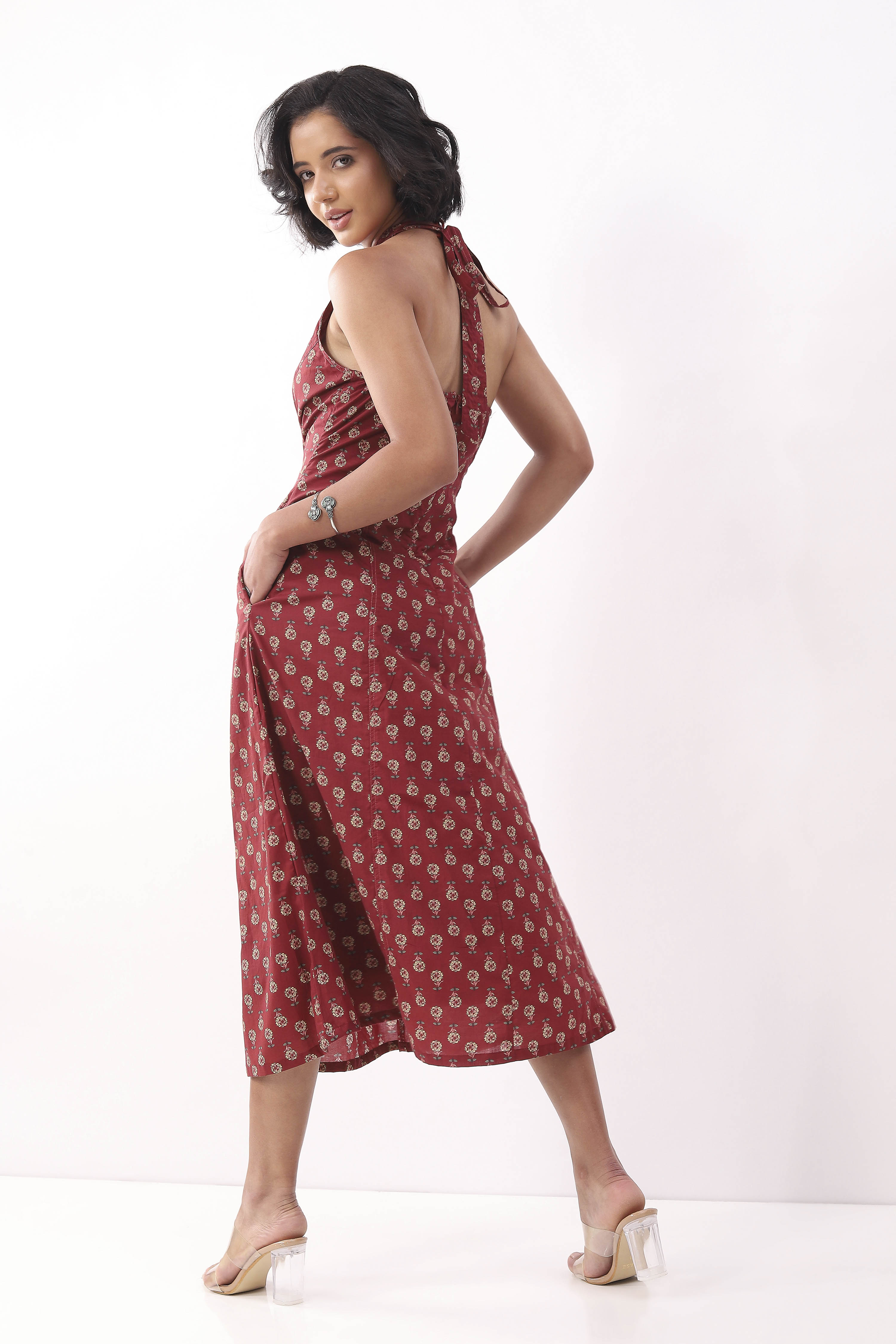 Maroon Cotton Printed A Line Dress image number 3