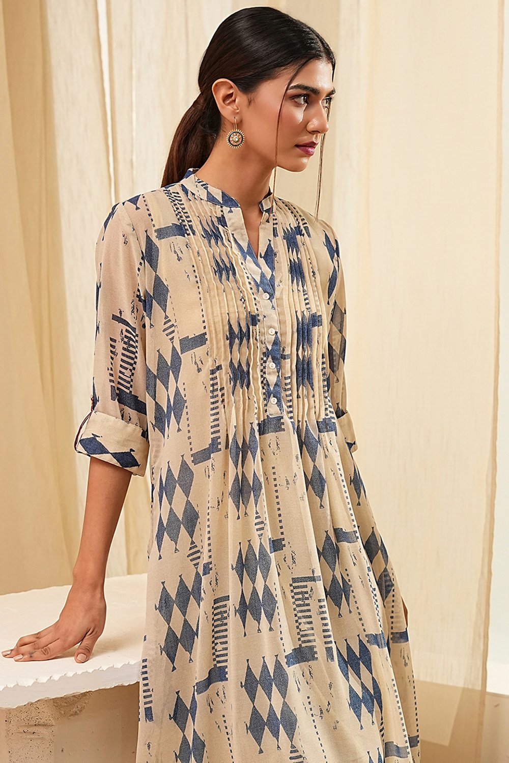Beige Printed A-Line Kurta image number 1