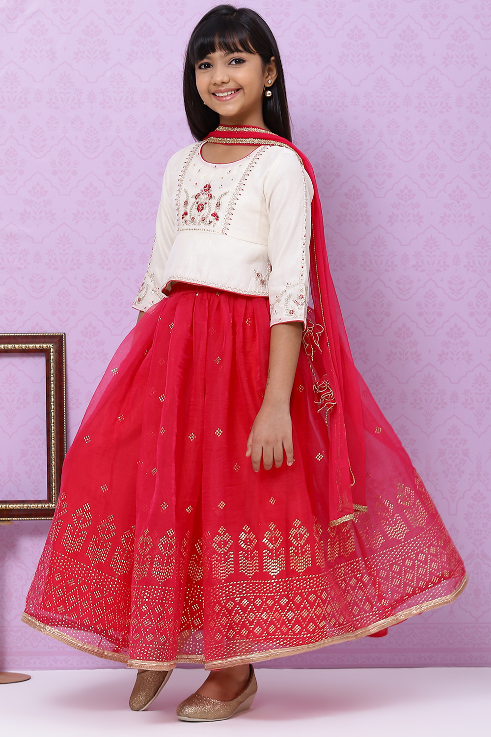 Off White And Berry Straight Poly Cotton Girls Lehenga Set image number 0
