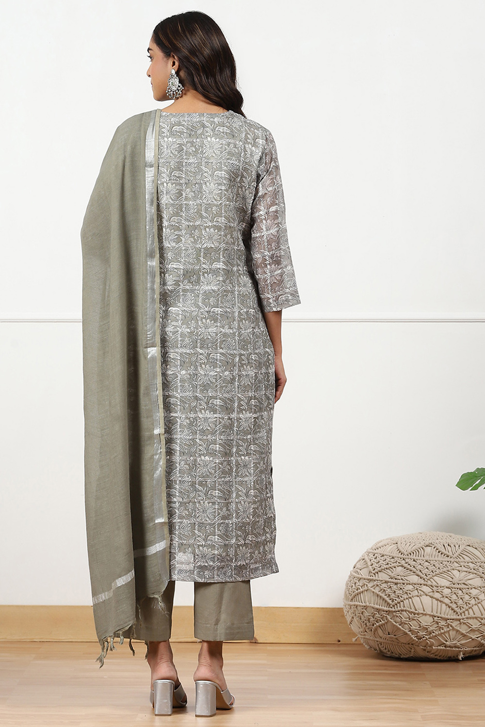 Turquoise Linen Blend Printed Unstitched Suit Set image number 6