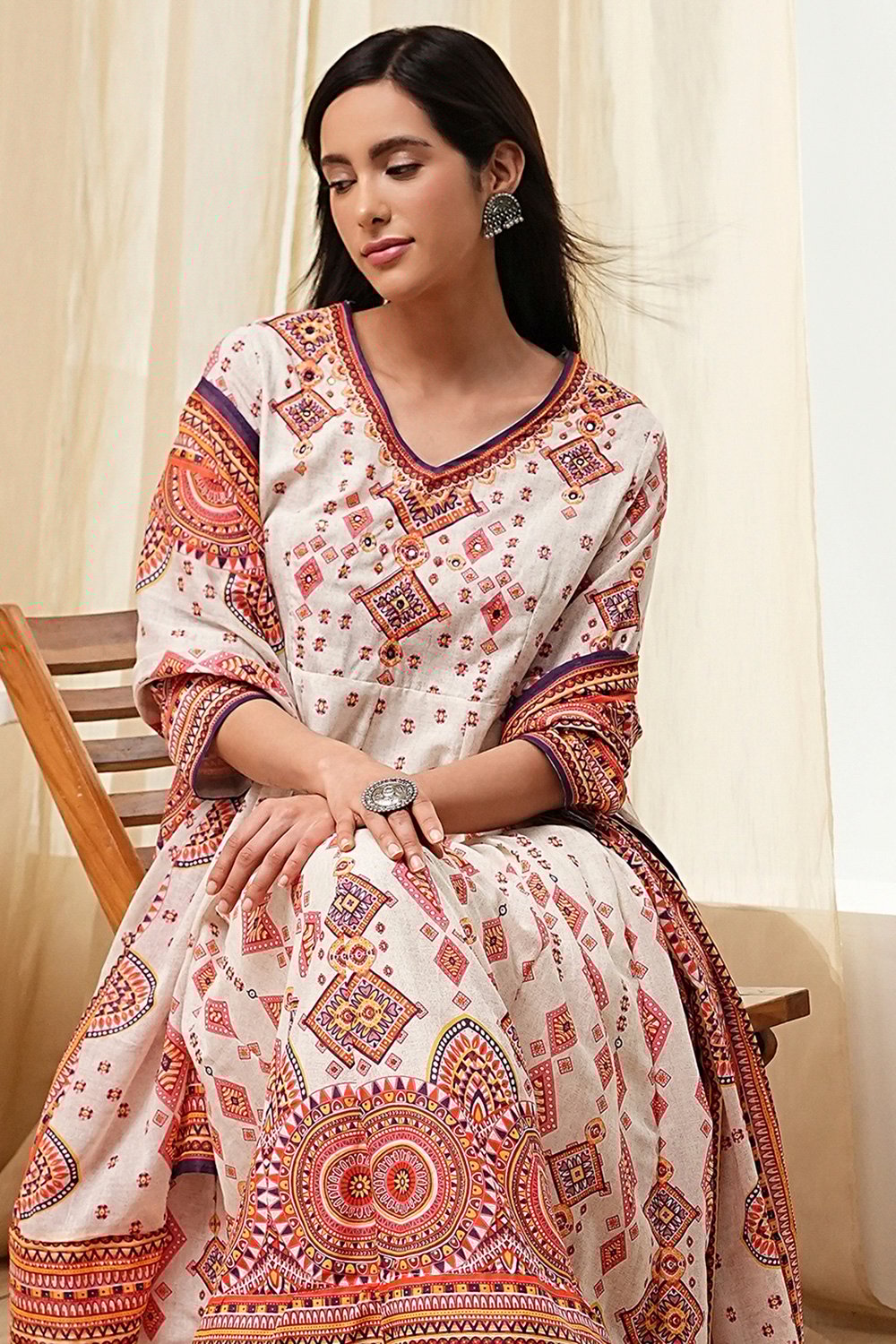 Ecru Cotton Printed Anarkali Suit Set image number 7