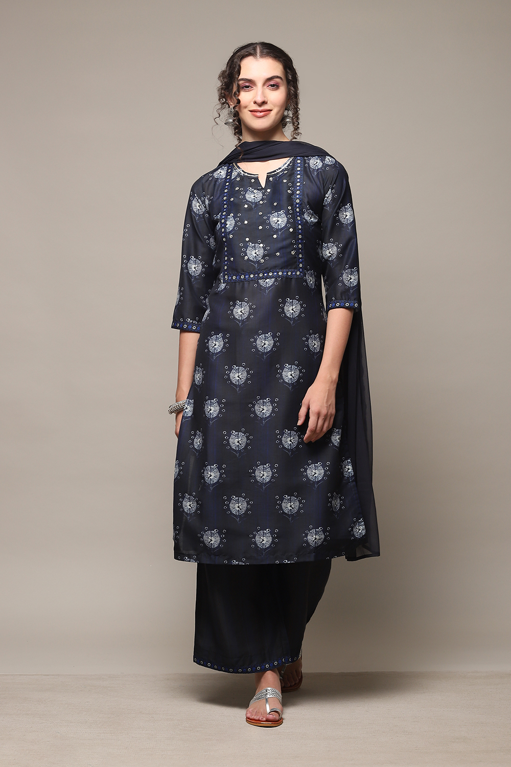 Navy Art Silk Straight Kurta Palazzo Suit Set image number 7