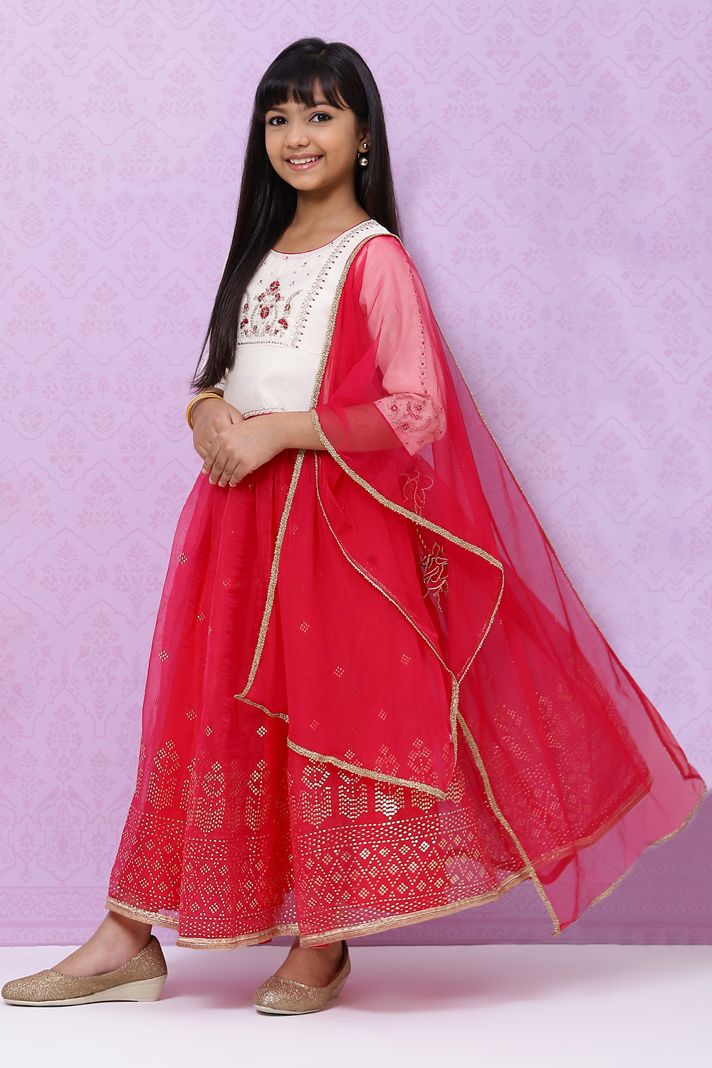 Off White And Berry Straight Poly Cotton Girls Lehenga Set image number 6