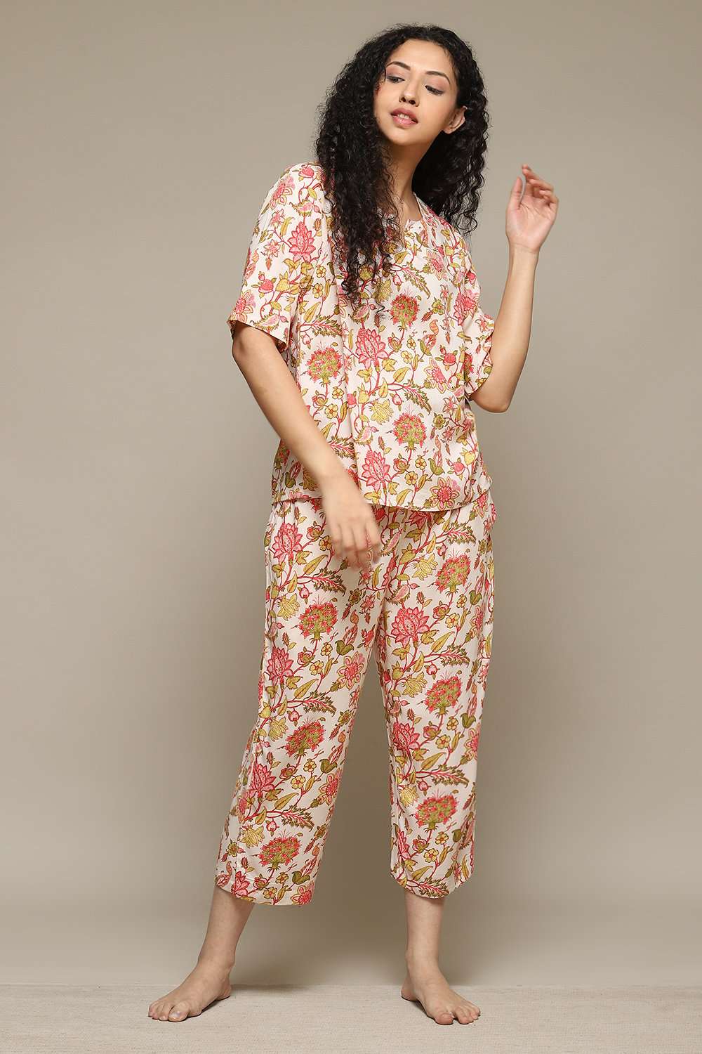 Off White & Red Rayon Printed 2 Piece Sleepwear Set image number 0