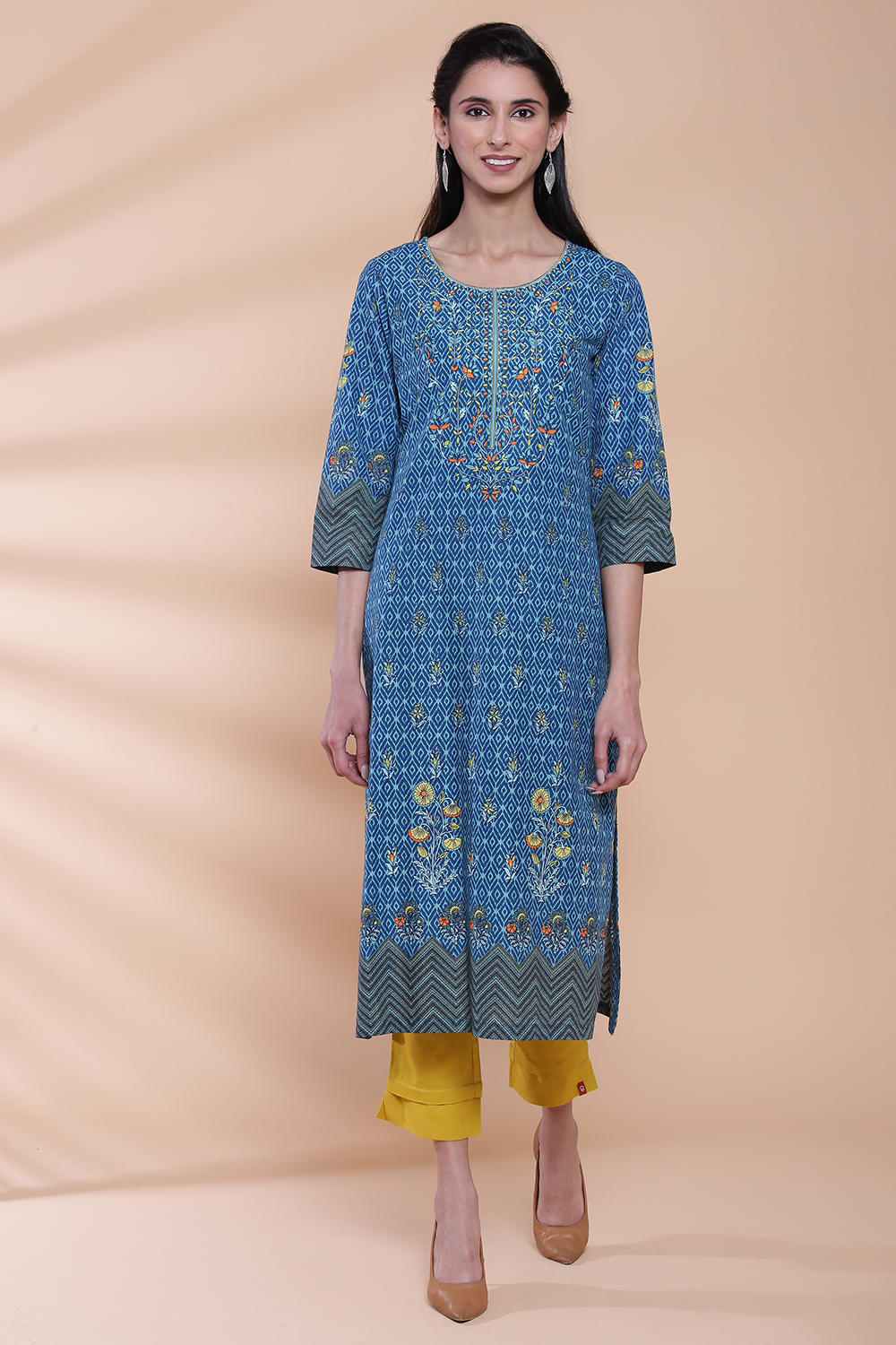 Teal Cotton Straight Printed Kurta image number 2