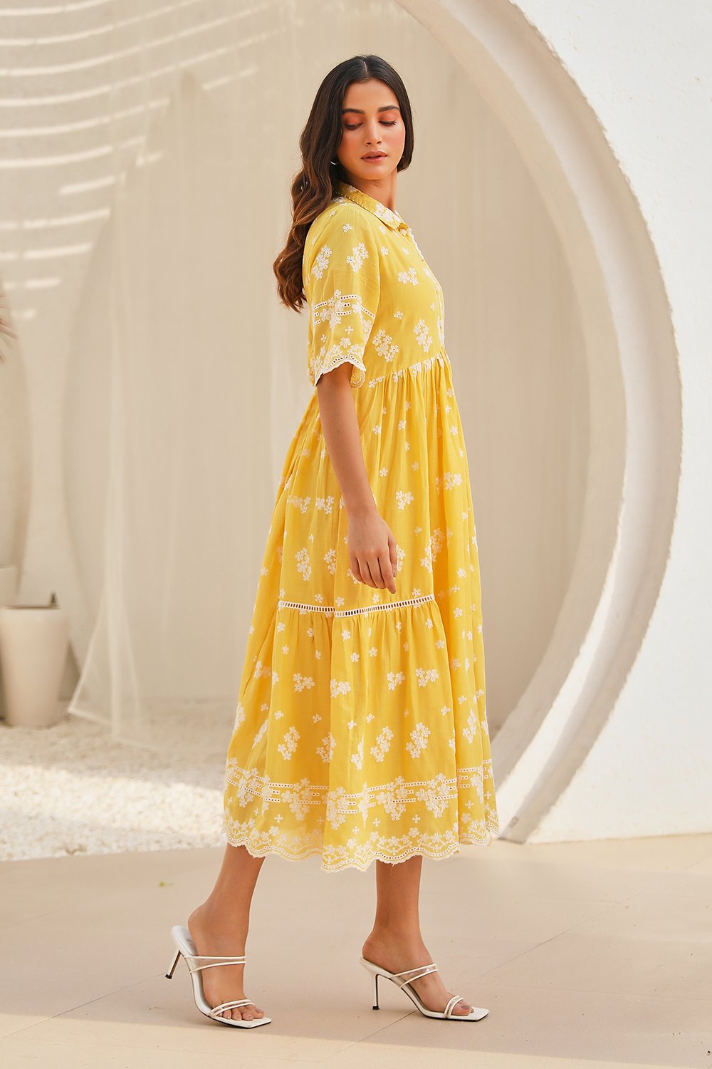 Yellow Cotton Tiered Dress image number 4