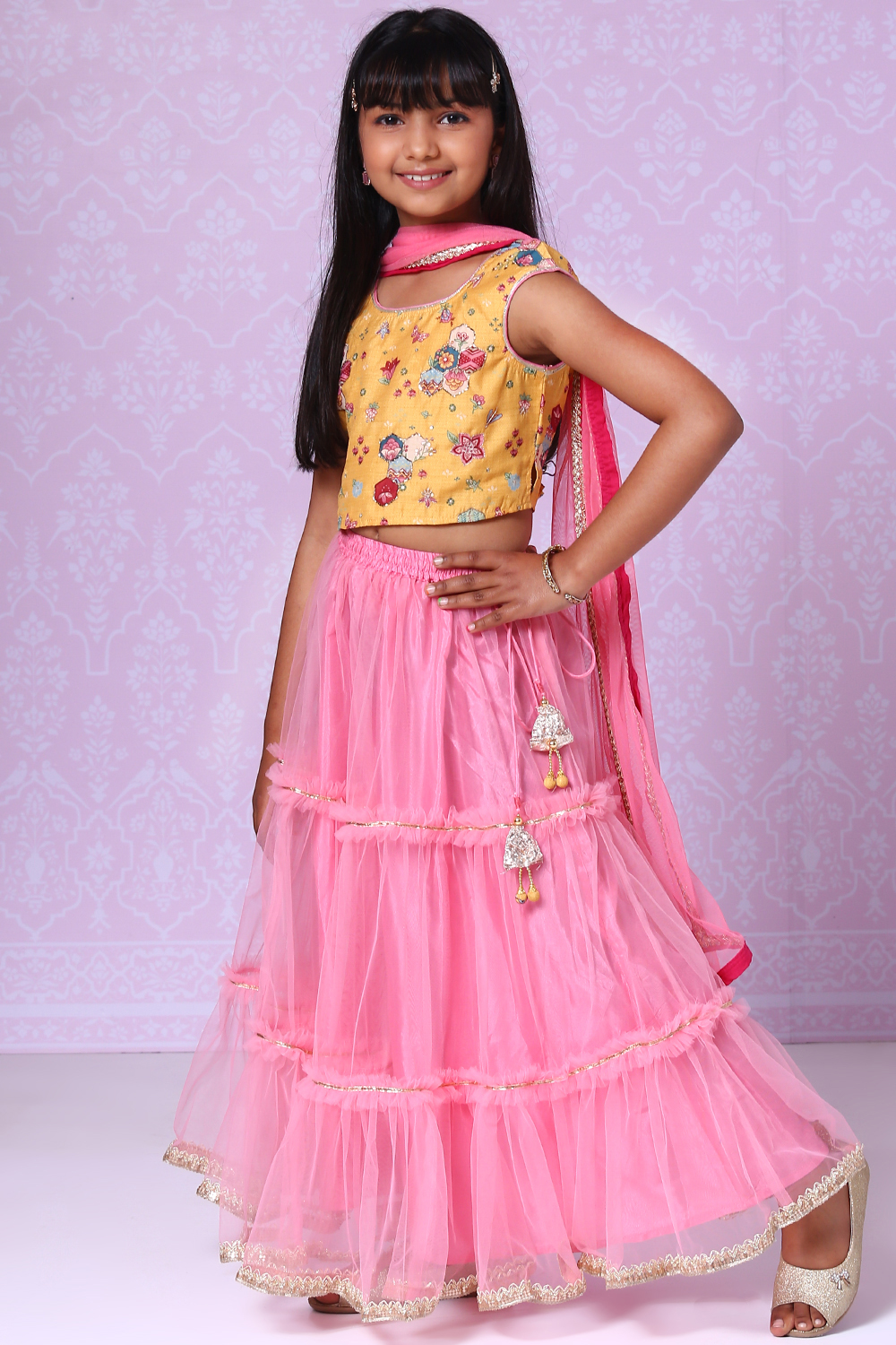 Yellow And Pink Art Silk Straight Kurta Lehenga Suit Set image number 6