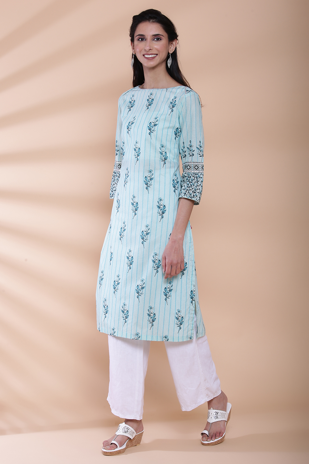 Turquoise Cotton Straight Kurta image number 2